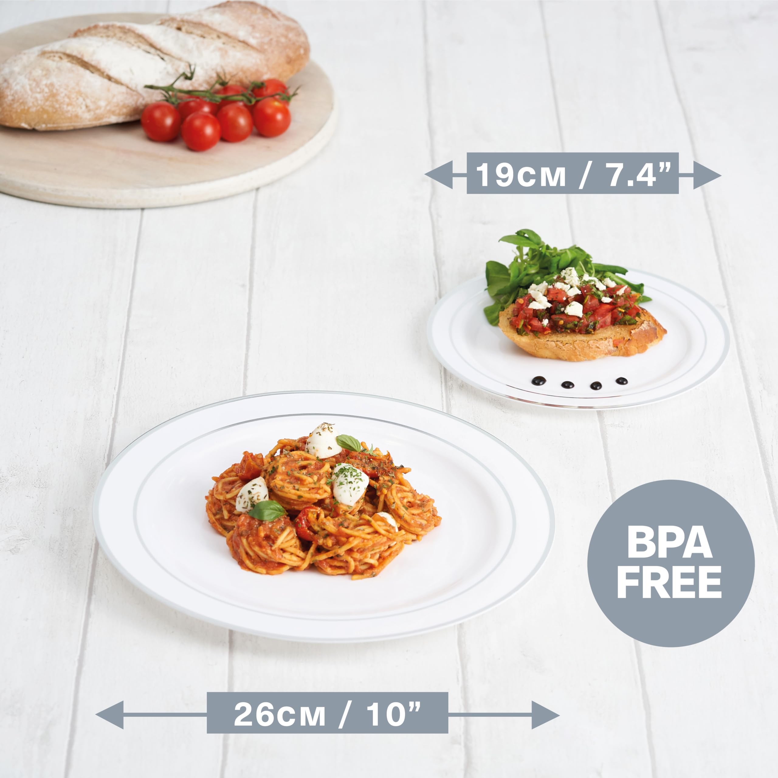 Matana 120 Reusable Sliver Plastic Plates For Party 60 Guests, White And Silver Rim - 60 Dinner Plates 10.25'' Inch, 60 Dessert