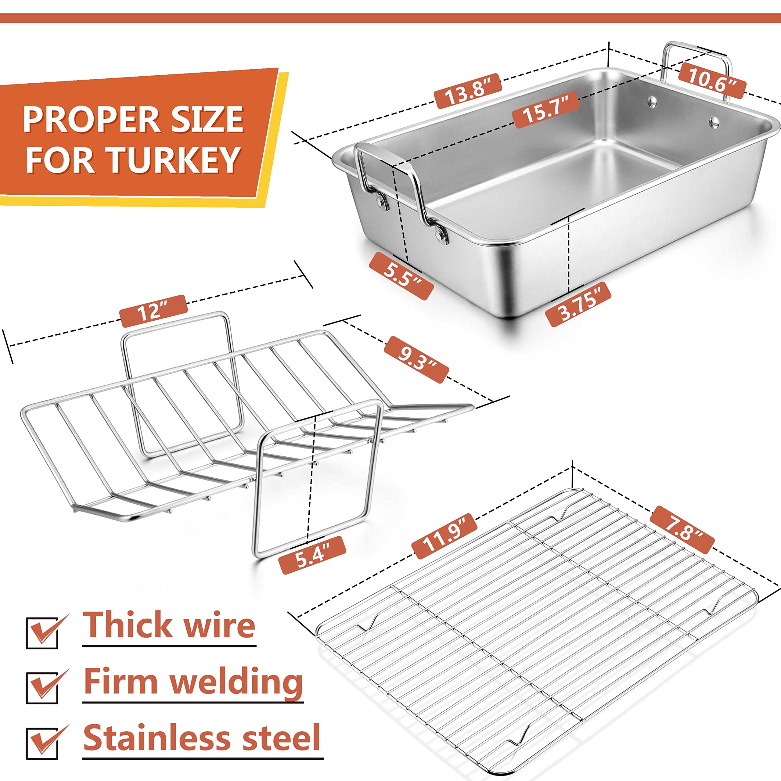 Lianyu 14 Inch Roasting Pan With Rack, Stainless Steel Turkey Roaster Pan With V-Shaped Rack And Baking Rack, Heavy Duty Roaster