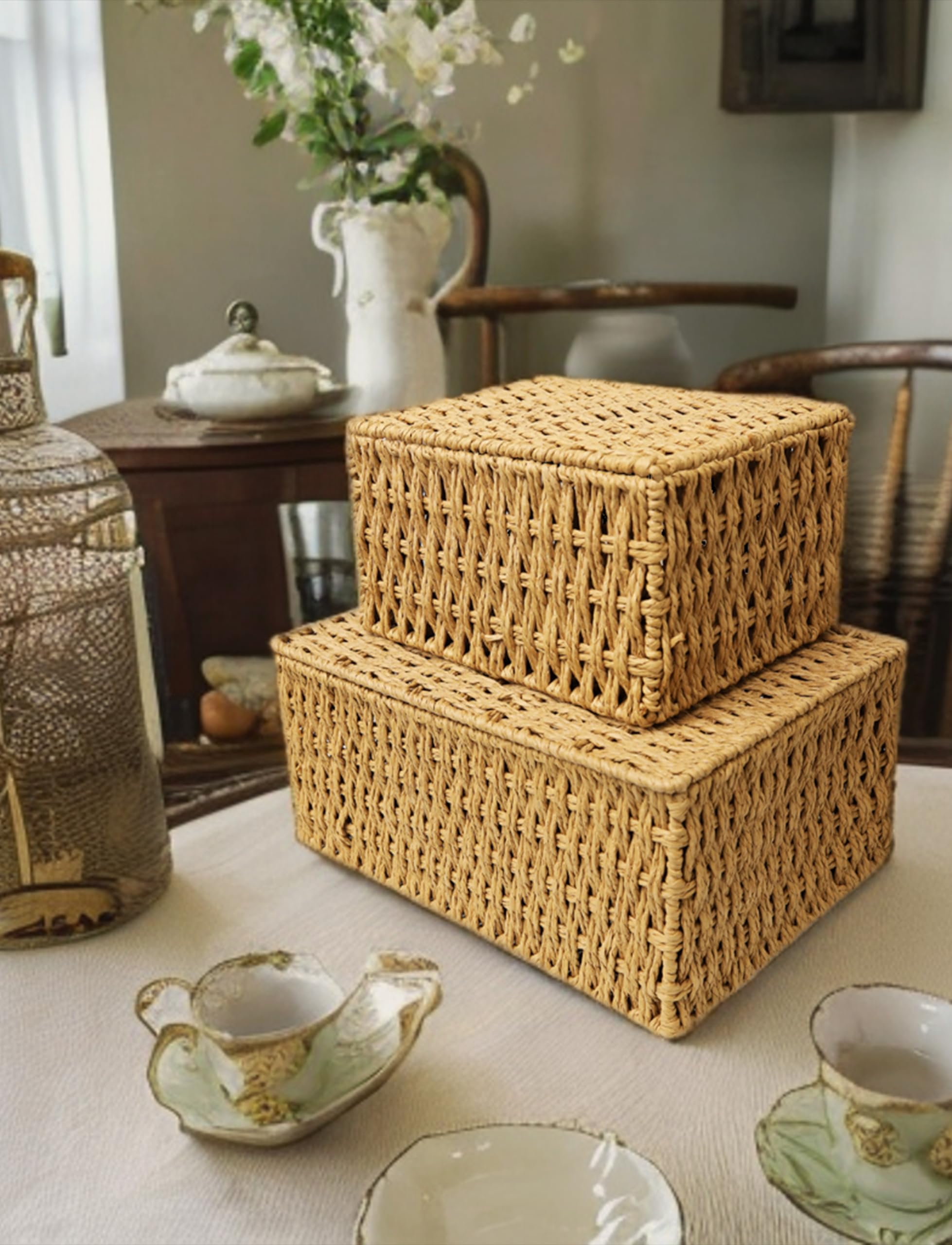 Royalhouse Woven Stackable Storage Baskets With Lid, Decorative Rope Organizer Bin - Set Of 2 (2 Sizes), Beige (No Liner)