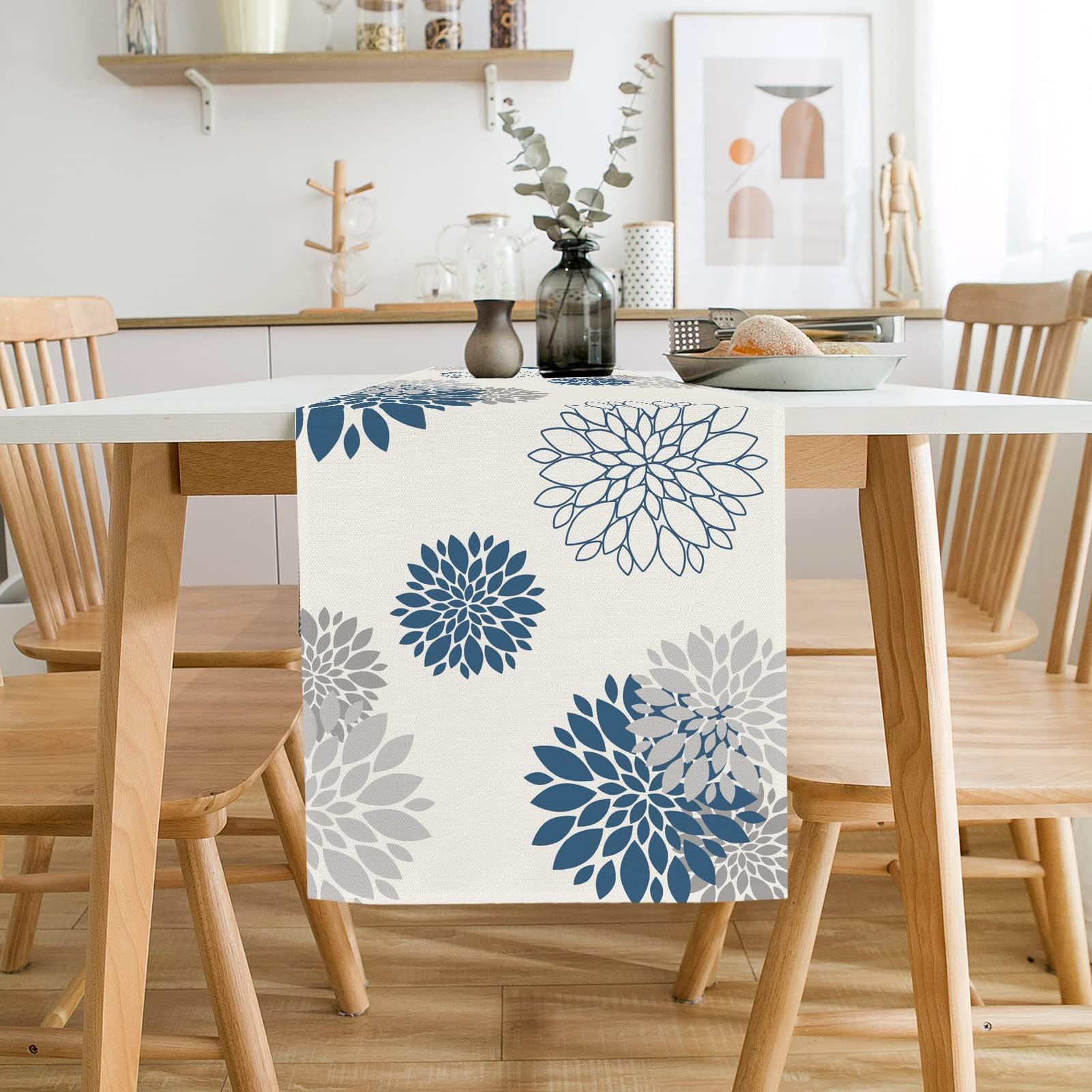 Whomeaf Blue Gray Table Runner Dahlia Pinnata Flower Beige Table Runners Modern Elegant Pompon Farmhouse Geometric Table Center