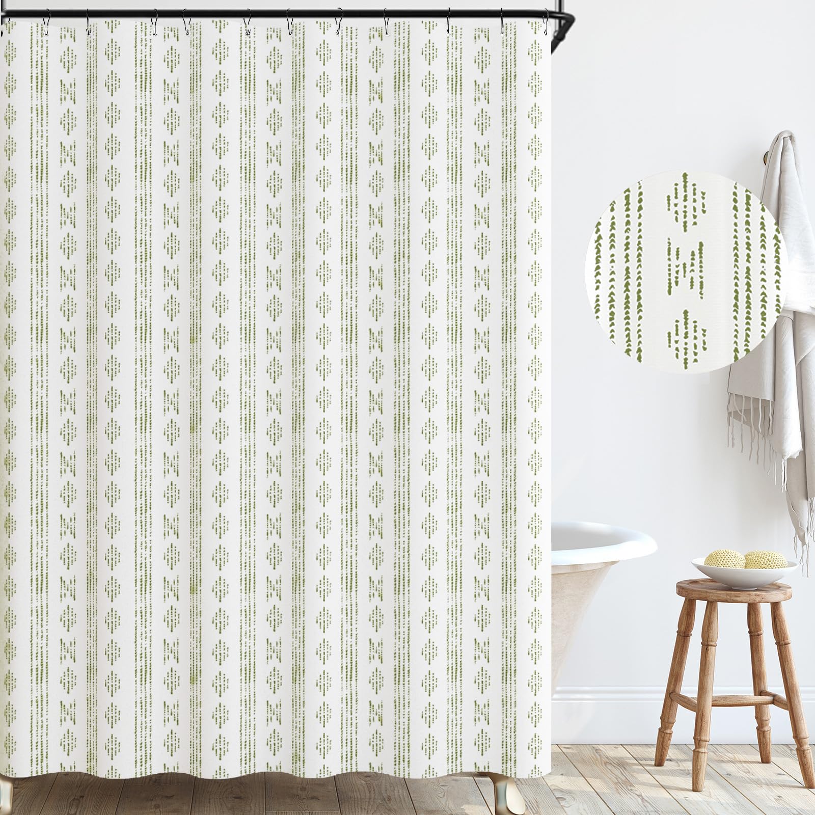 jinchan Green and White Boho Shower Curtain Bohemian Vertical Striped Fabric Shower Curtains for Bathroom with 12 Hooks Waterpro