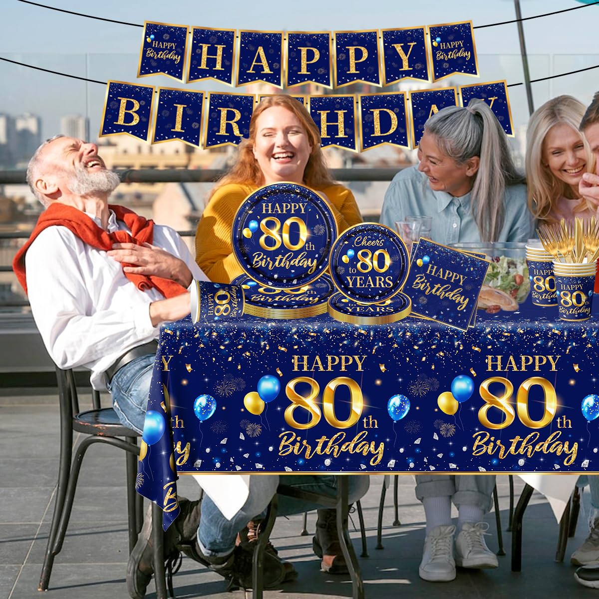 80Th Birthday Decoration Men-142Pcs Navy Blue And Gold Birthday Tableware Set(Serve For 20) Include Happy 80Th Birthday Banner P