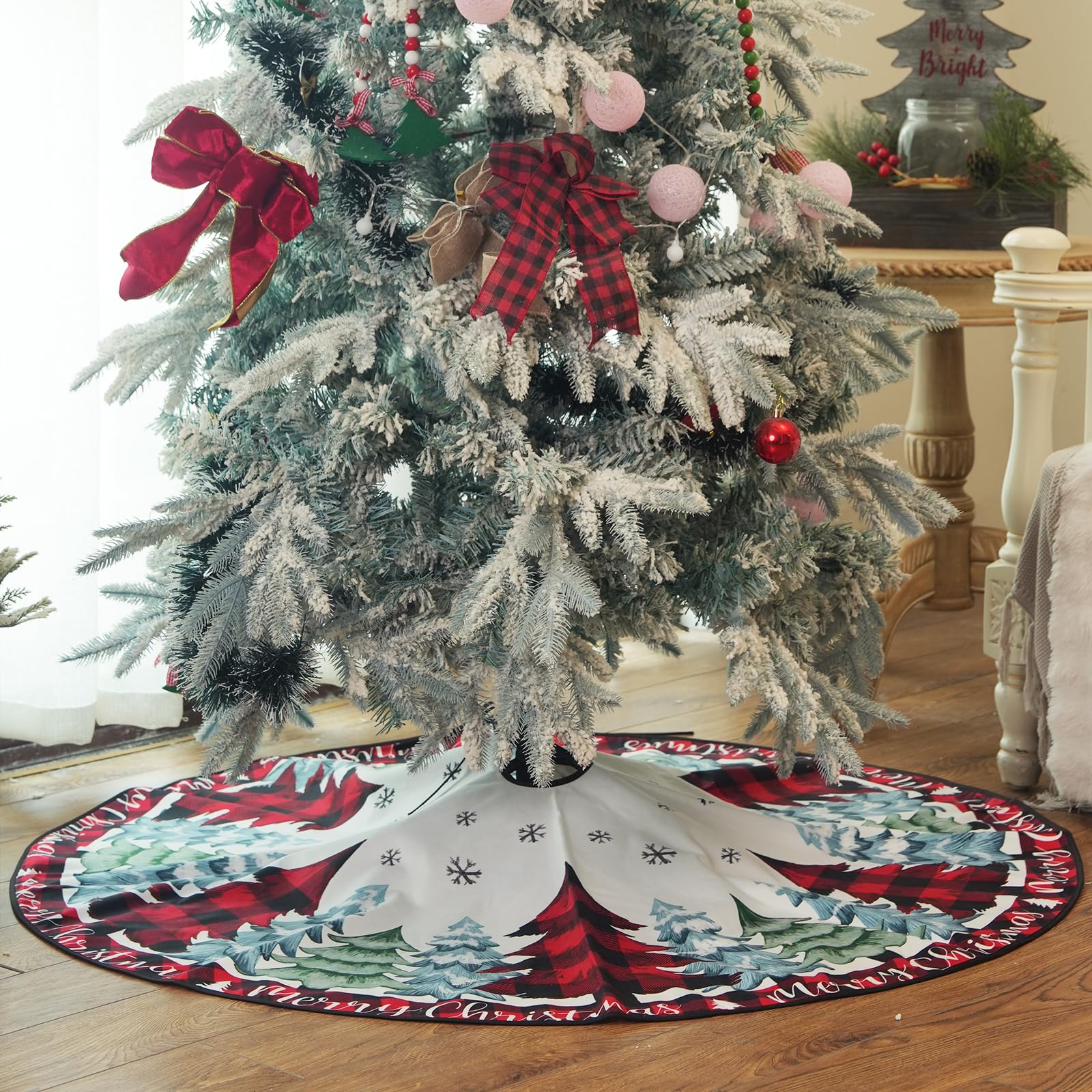 CROWNED BEAUTY Christmas Tree Skirt Collar 48 Inch Pine Trees Red Plaid Soft Farmhouse Holiday Decoration (Red Plaid) TS41