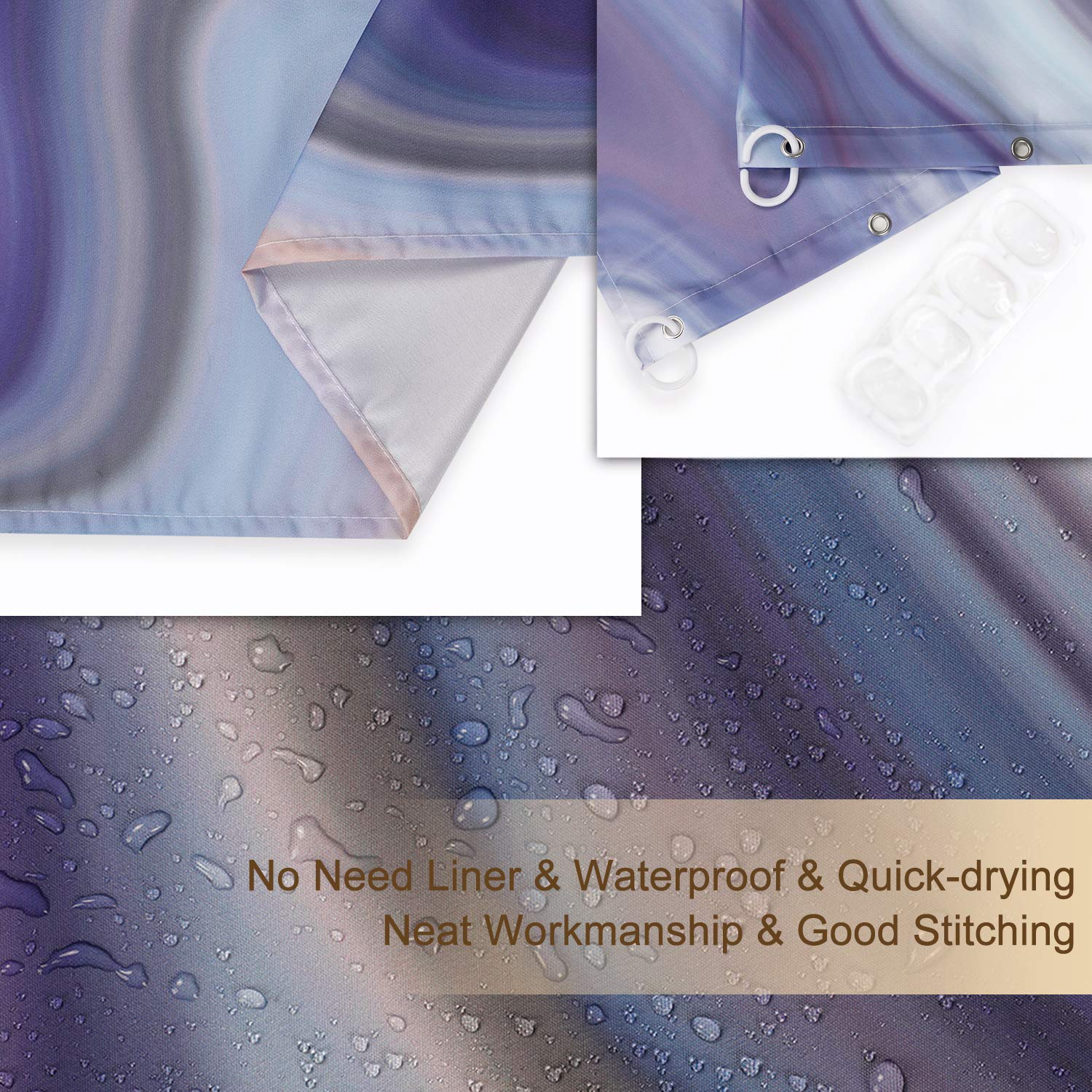 RosieLily Purple Marble Shower Curtain Set, 72"x72", Polyester, Includes 12 Hooks, Blue Abstract Bathroom Decor