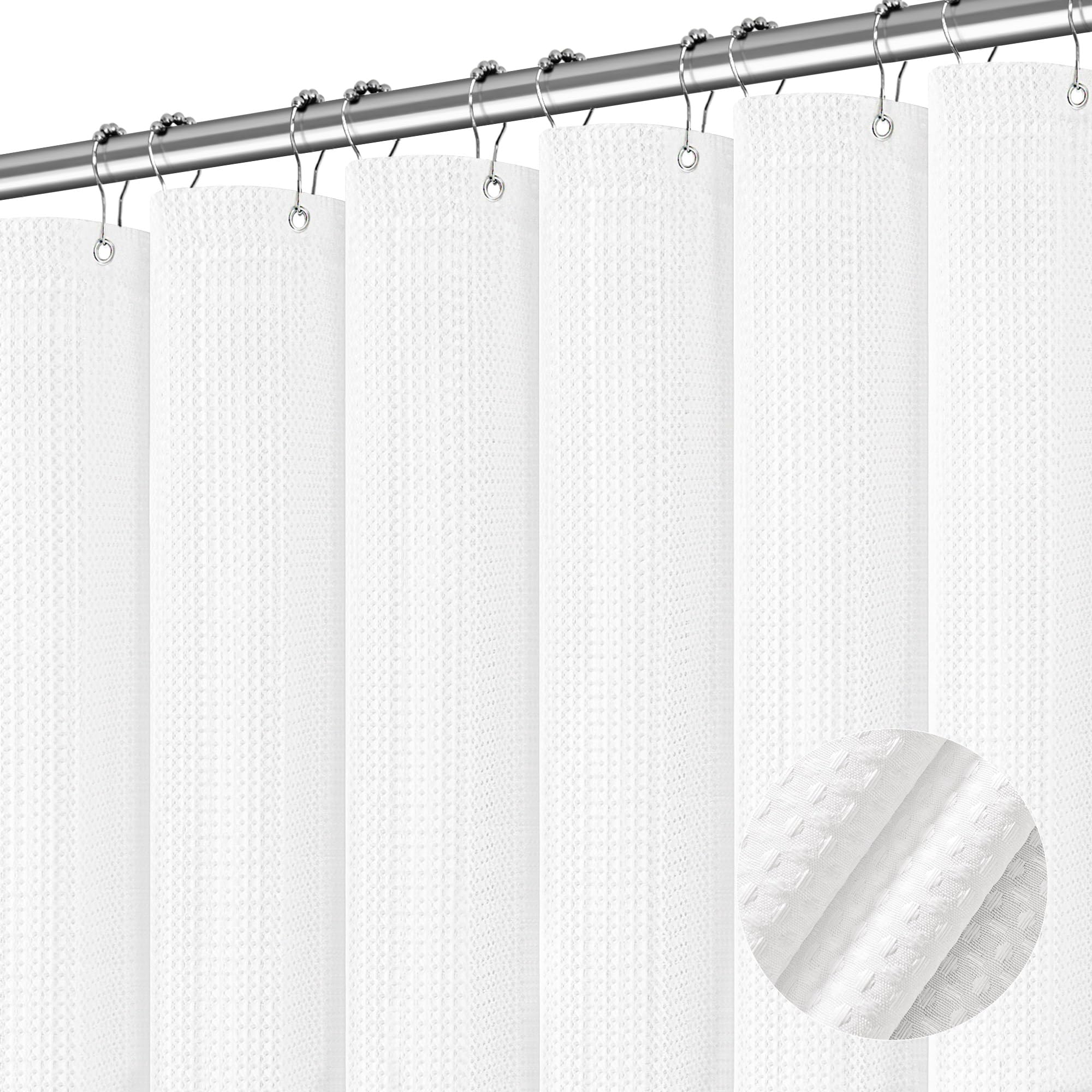 Pangsinne White Shower Curtain 256Gsm Weighted Waffle Water Repellent Shower Curtain Heavy Duty Fabric, Machine Washable Hotel Q