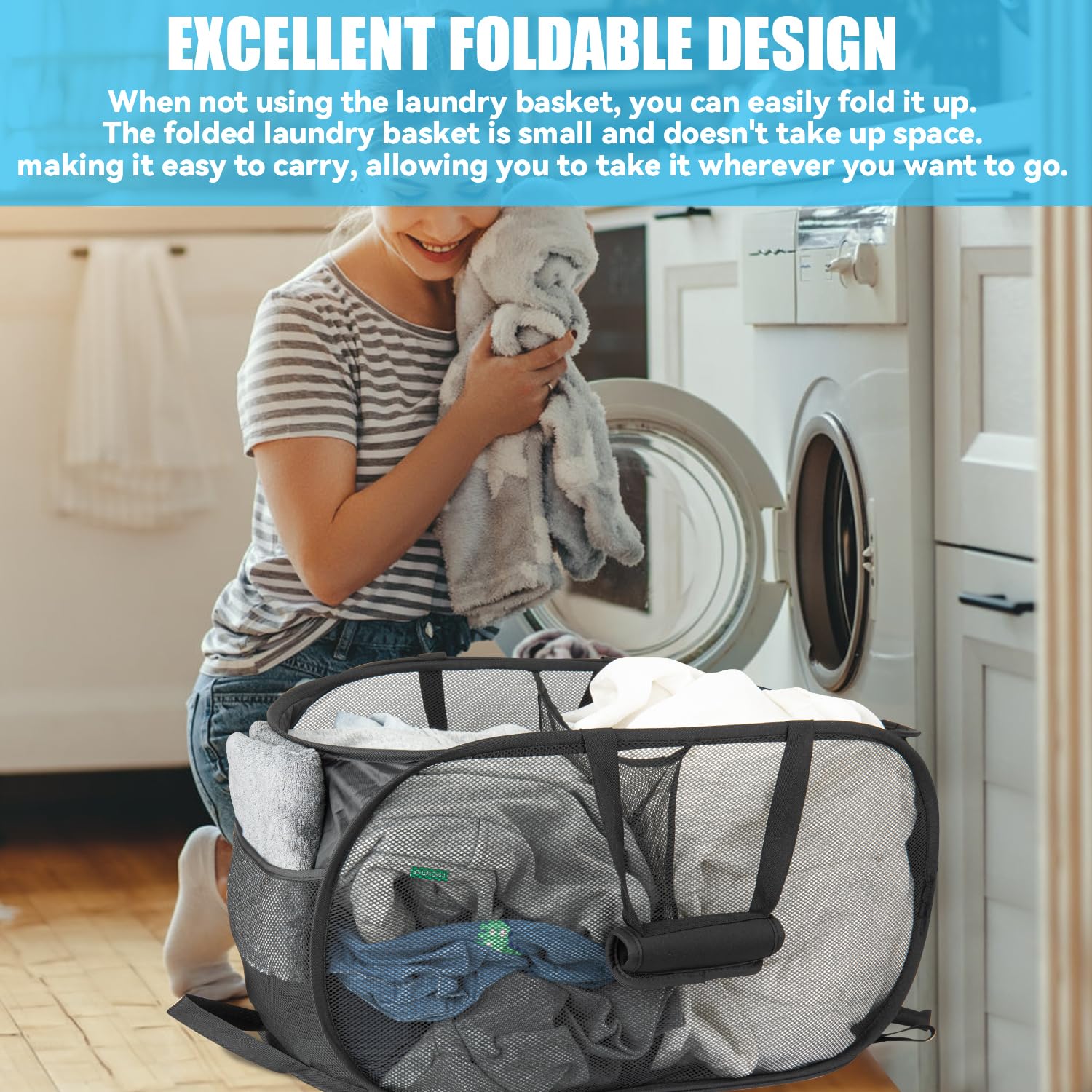 4 Pieces Collapsible Laundry Baskets Pop Up Mesh Laundry Hampers With Handle Soft Cushion And Side Pockets, Foldable Clothes Bas