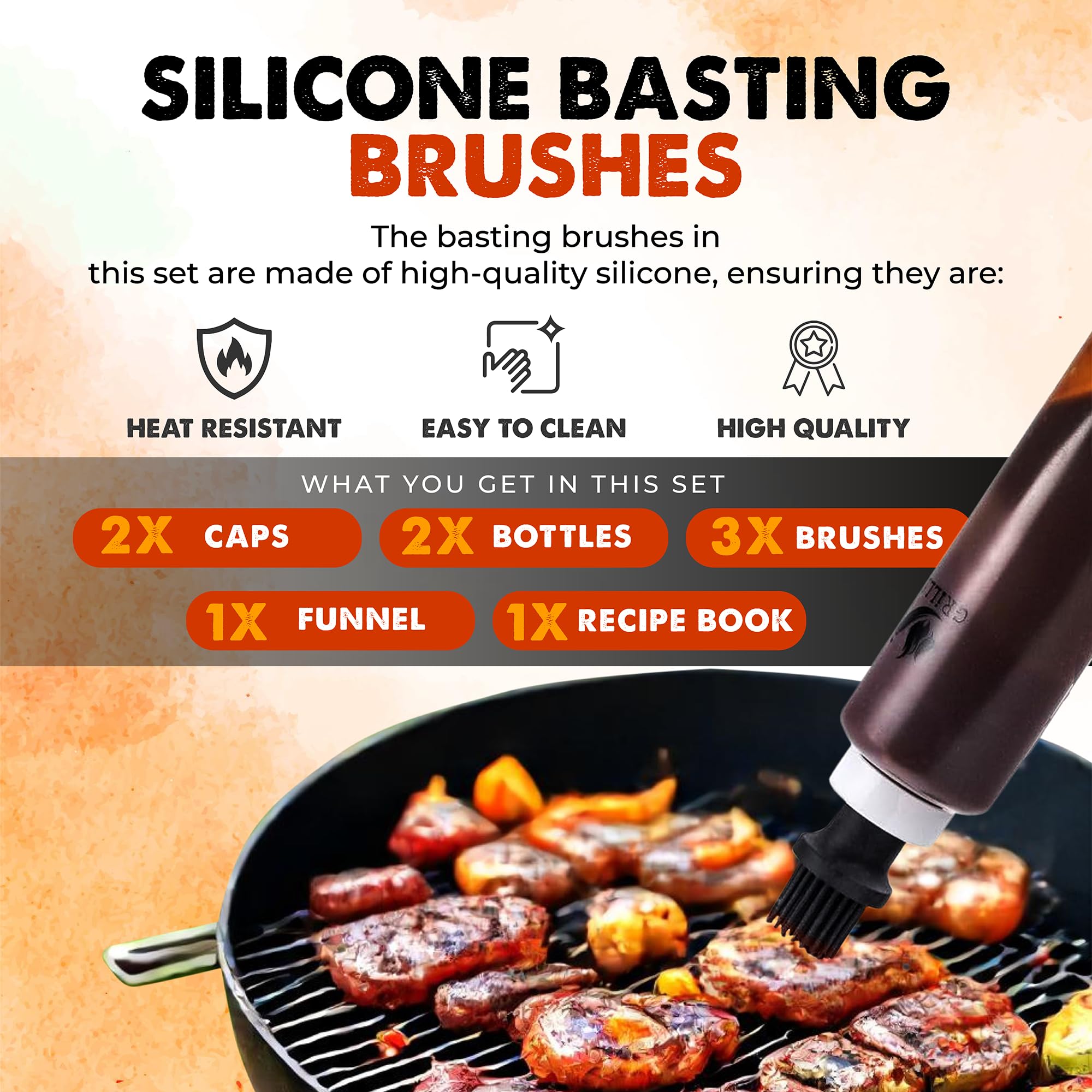 Sauce Basting Bottle Set For Grilling With 3 Silicone Bbq Basting Brush Caps & 2 Squeeze Caps - Squeeze Bottles For Sauces With