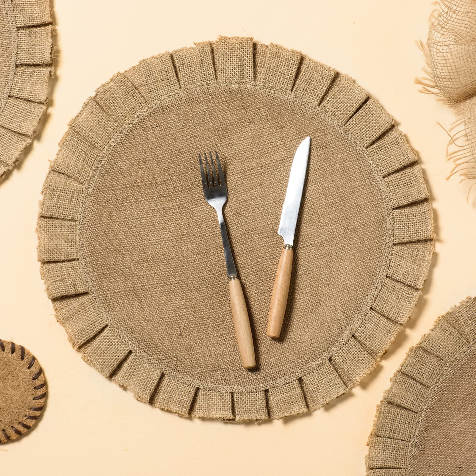 Funwheat Burlap Round Braided Placemats Set Of 6 For Dining Tables 15 Inch Heat Resistant Jute Table Mats Farmhouse Woven Fabric