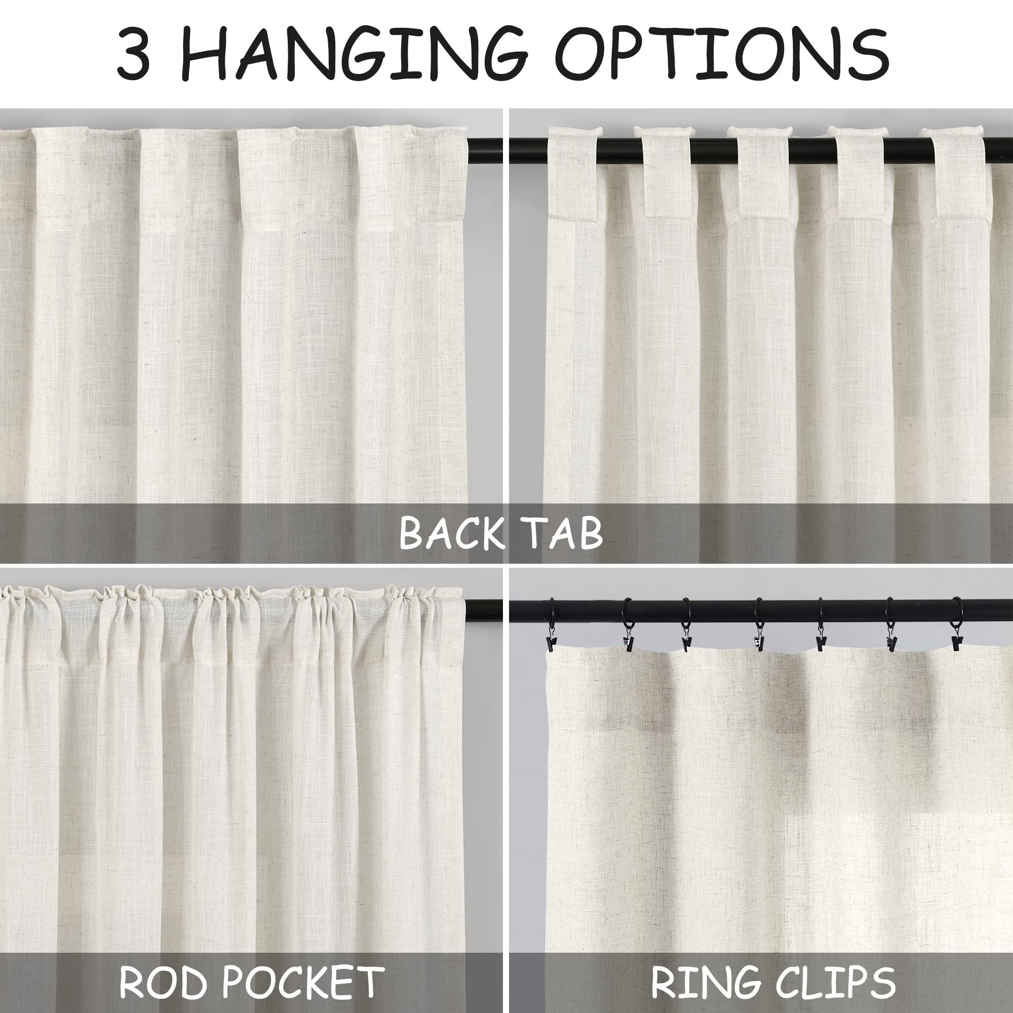 Nanspring Cream Semi Sheer Linen Curtains 76 Inch Length for Living Room Back Tab Rod Pocket Modern Farmhouse Coastal Decor Cott