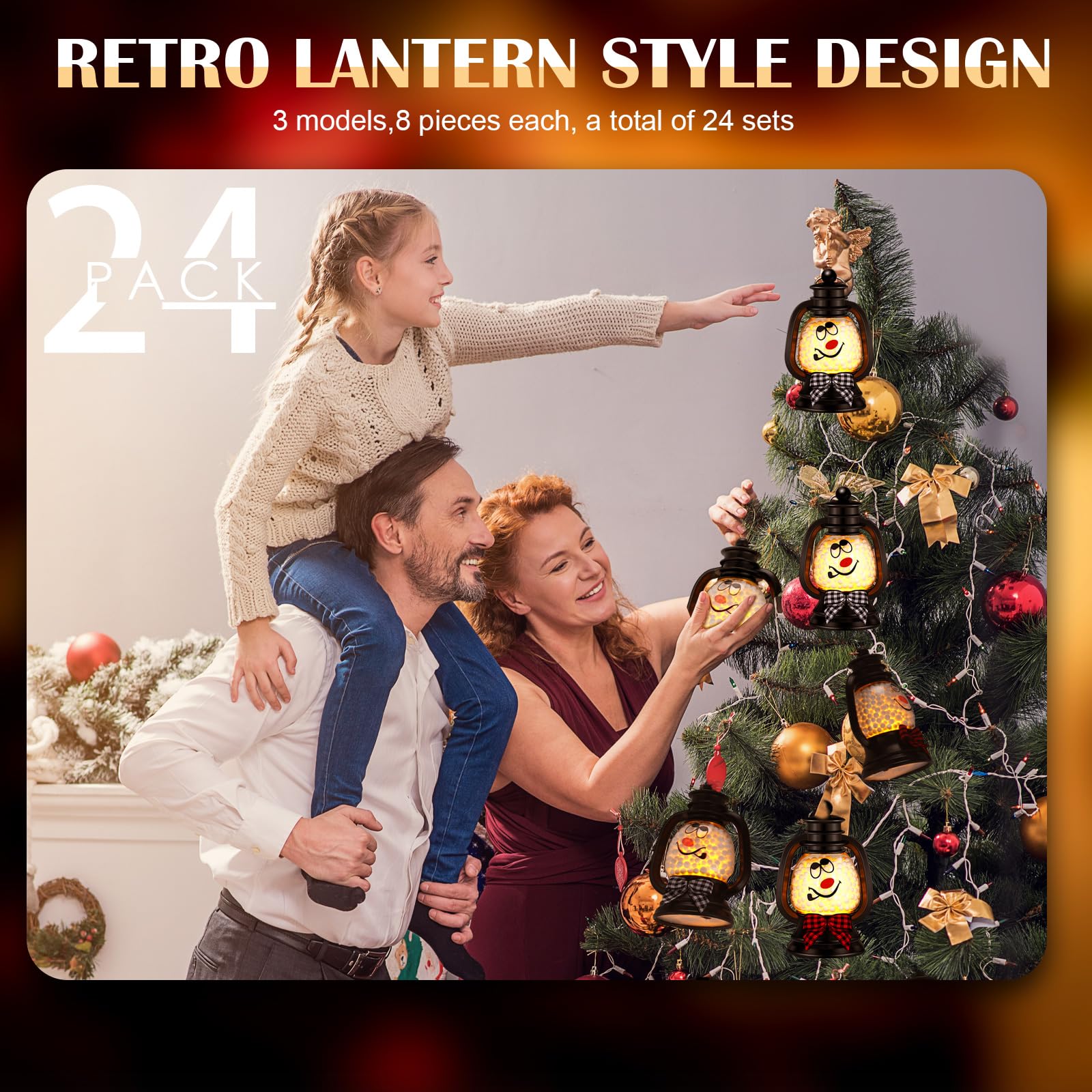 ROCEEI 24 Pcs Christmas Mini Snowman Lanterns Decorative with Flickering LED Candles Buffalo Plaid Bow Small Winter Portable Tab