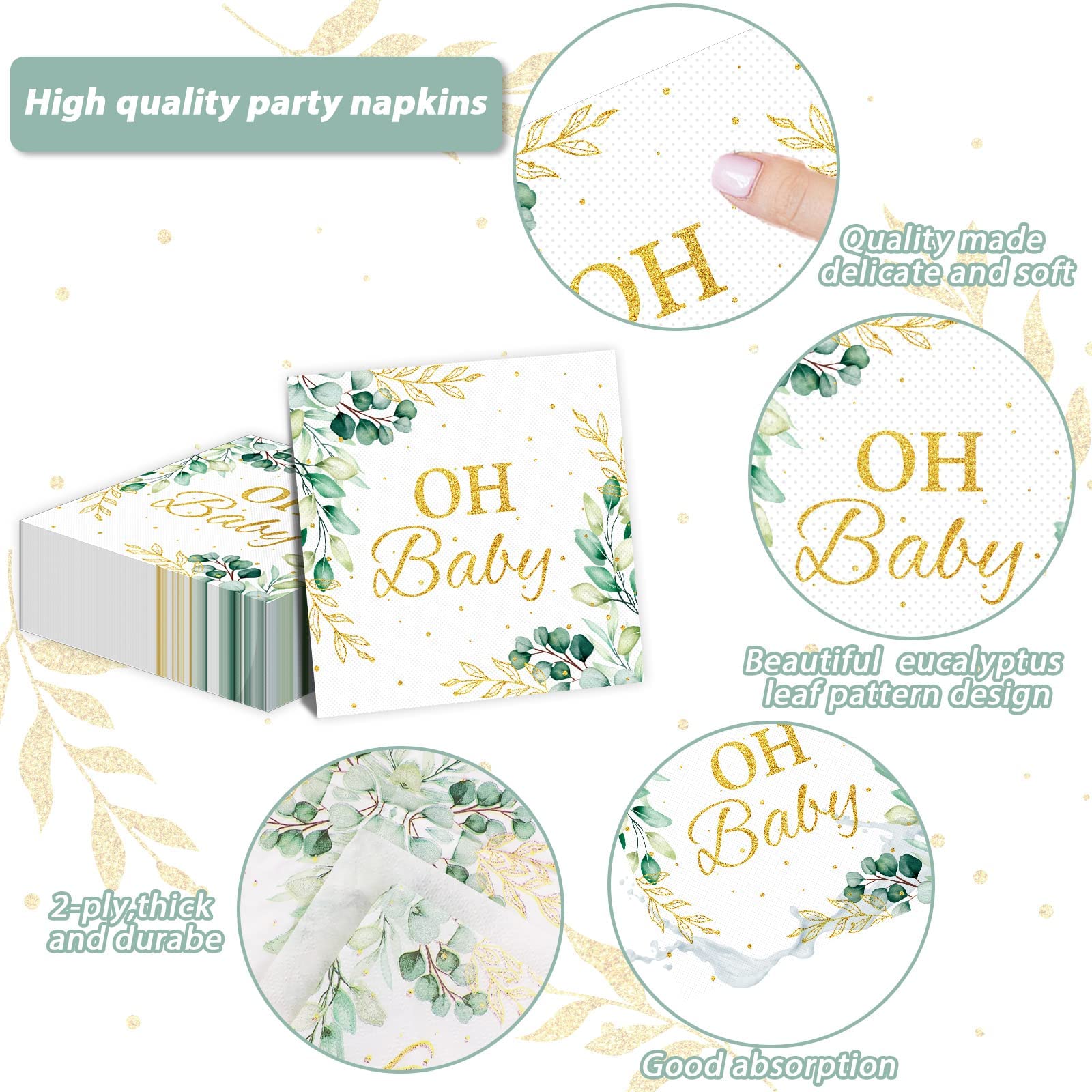 Eucalyptus Leaf Baby Shower Napkins Greenery Baby Shower Party Supplies Sage Green Luncheon Napkins Napkins Disposable Paper Napkins for Baby Shower Table Decorations (50 Pack)
