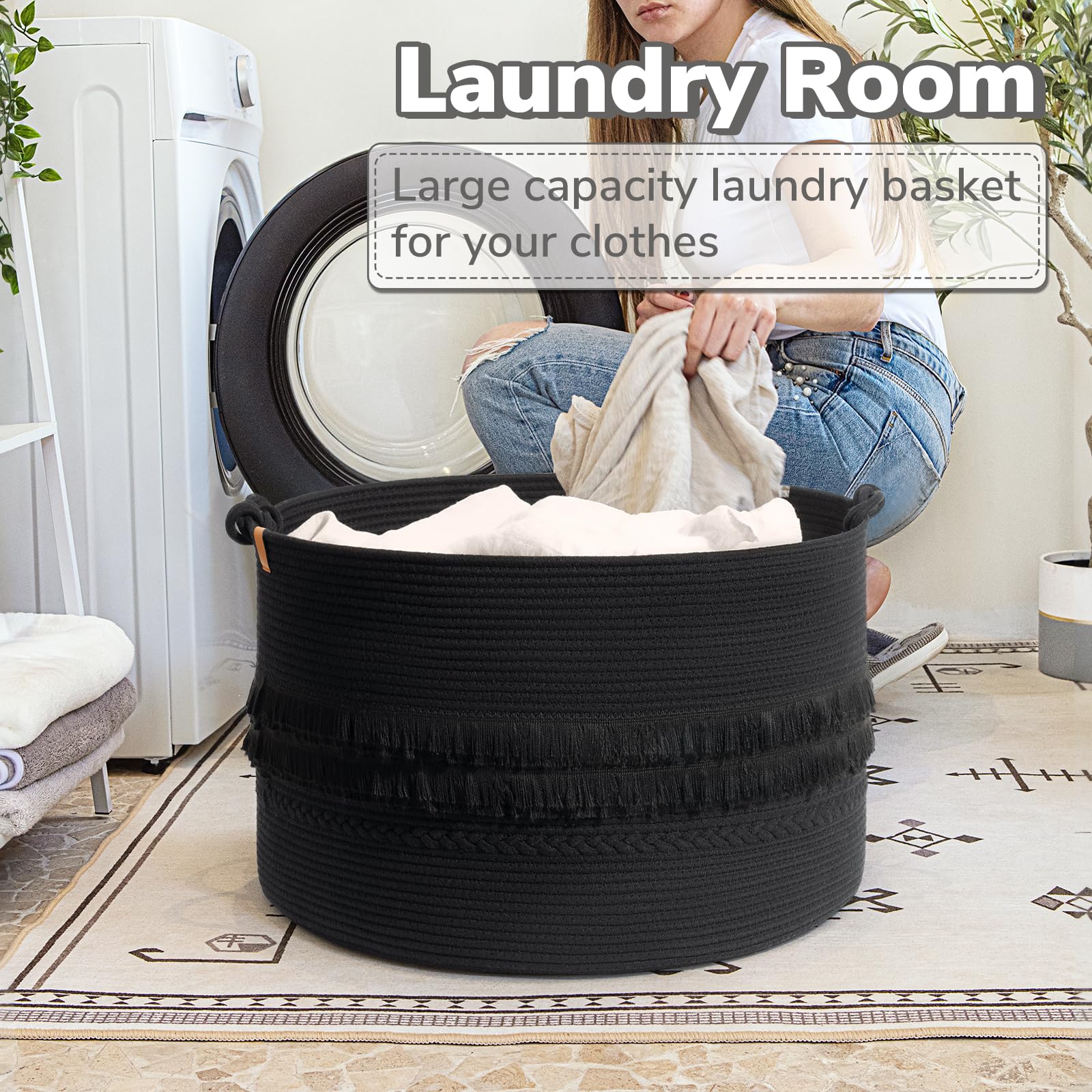 Cherrynow Extra Large Black Laundry Basket, Rope Storage Basket For Bathroom, Bedroom, Living Room, Entryway, Big Blanket Basket