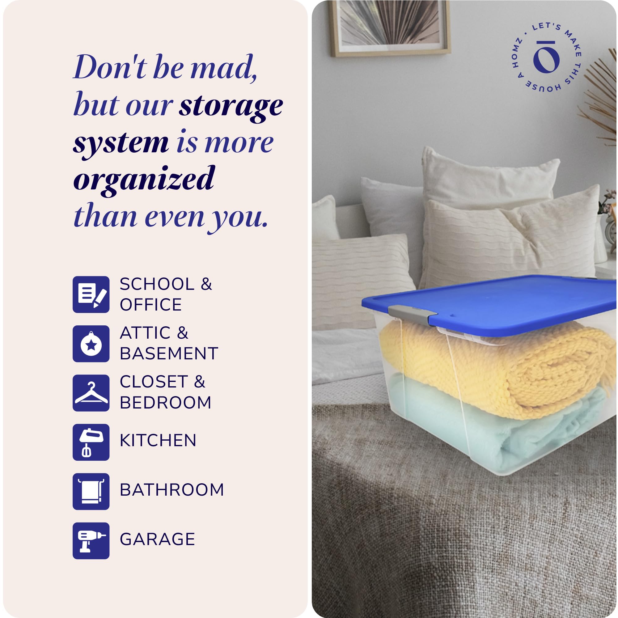Homz 2-Pack Plastic Storage Bins W/Lids, Stackable Totes, 64 Quart, Clear/Blue