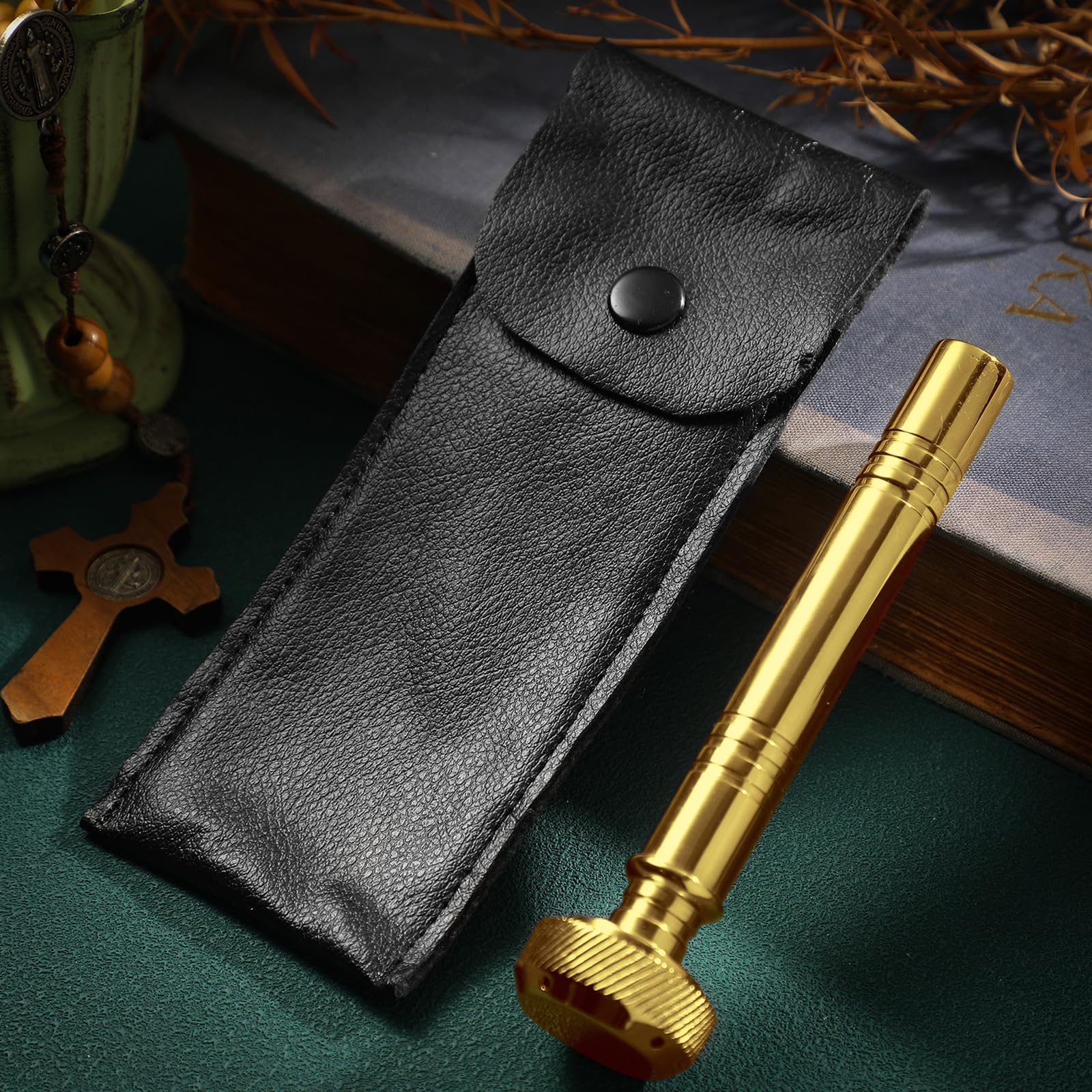 Vesici Christian Pocket Holy Water Sprinkler with Leather Carrying Case Religious Pocket Aspergillum Stainless Steel Holy Water