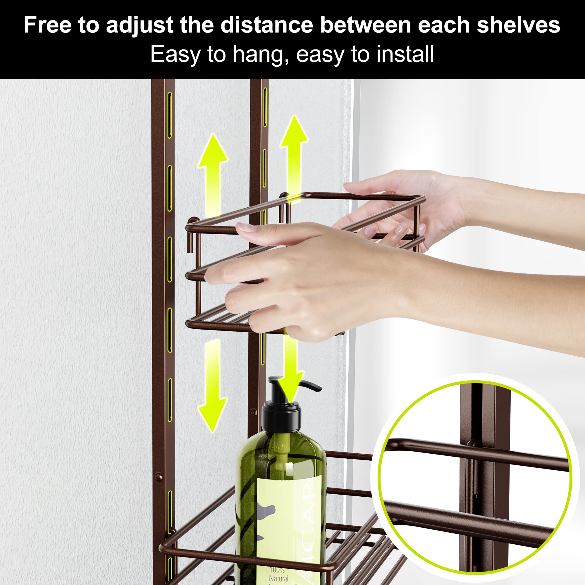 Orimade Over The Door Shower Caddy Adjustable 5 Tier Bronze,Bathroom Hanging Organizer Shelf Rustproof With 4 Hooks,Shower Baske