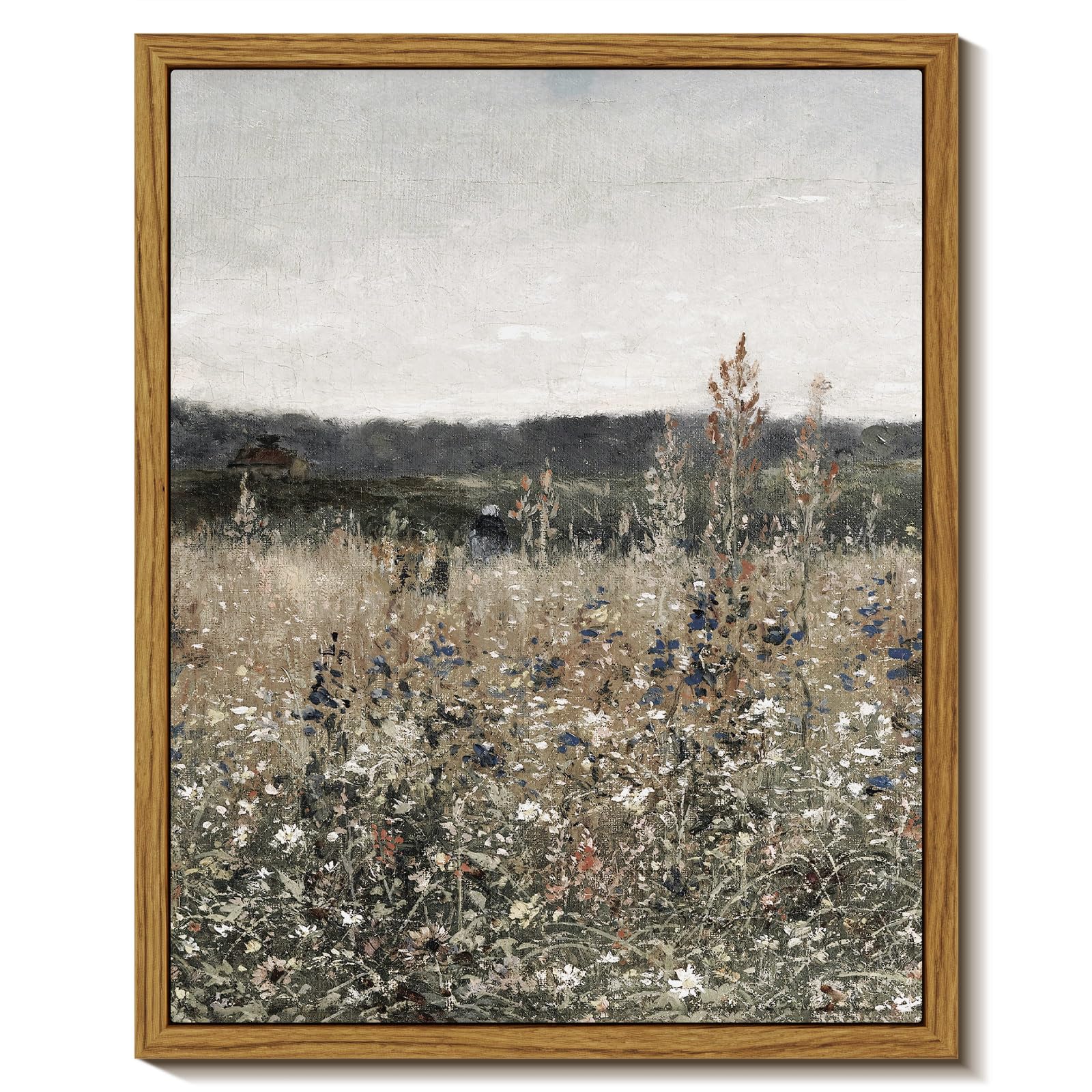 Insimsea Framed Canvas Prints Art Vintage Decor, Wildflower Field Meadow With Flowers Painting, Rustic Landscape Wall Art For Li