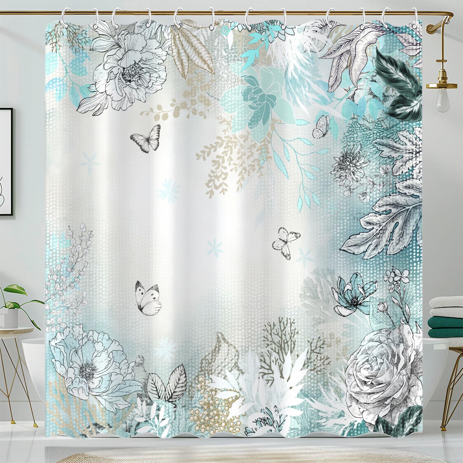 Zussun Teal And White Floral Shower Curtain Modern Sketch Flower Plant Leaf Shower Curtains For Bathroom Pretty Butterfly Waterp