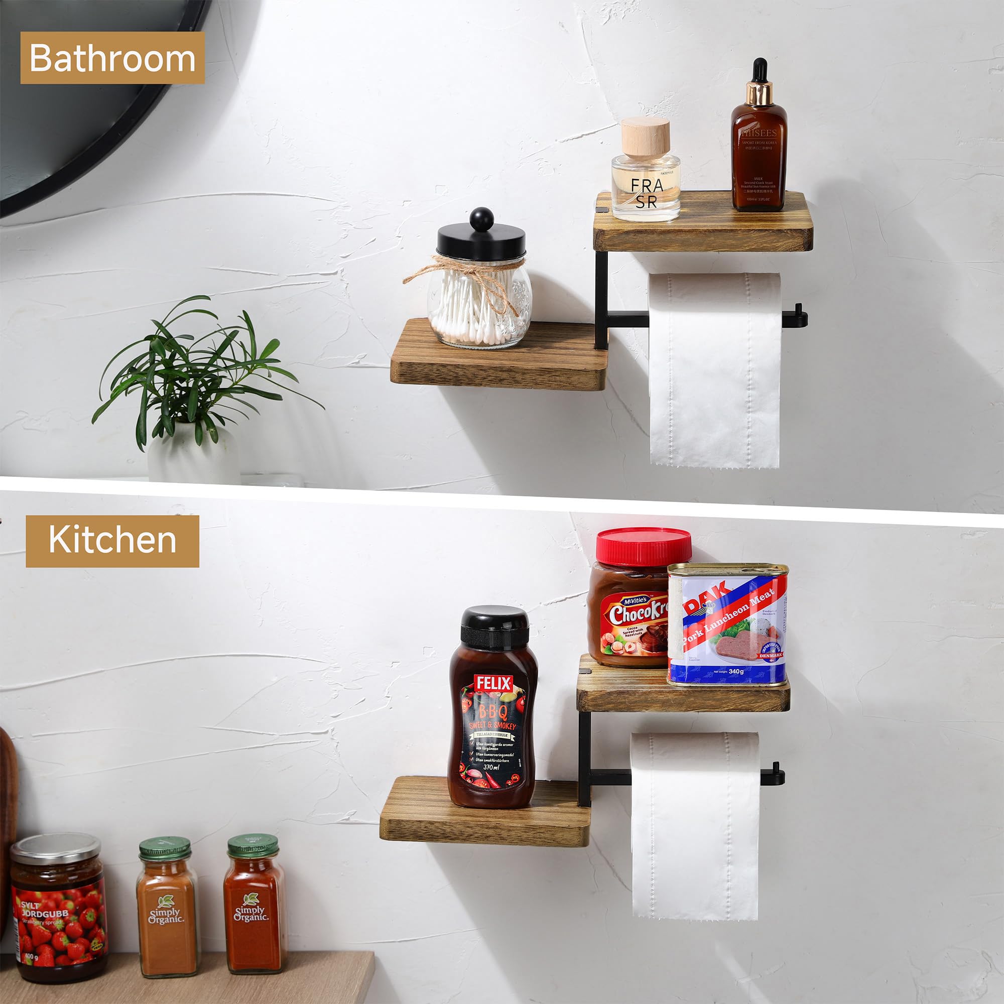 Double Toilet Paper Holder With Shelf, 2 Tier Wood Wall Mounted Adhesive Paper Roll Holder Suitable For Bathroom Accessories Dec