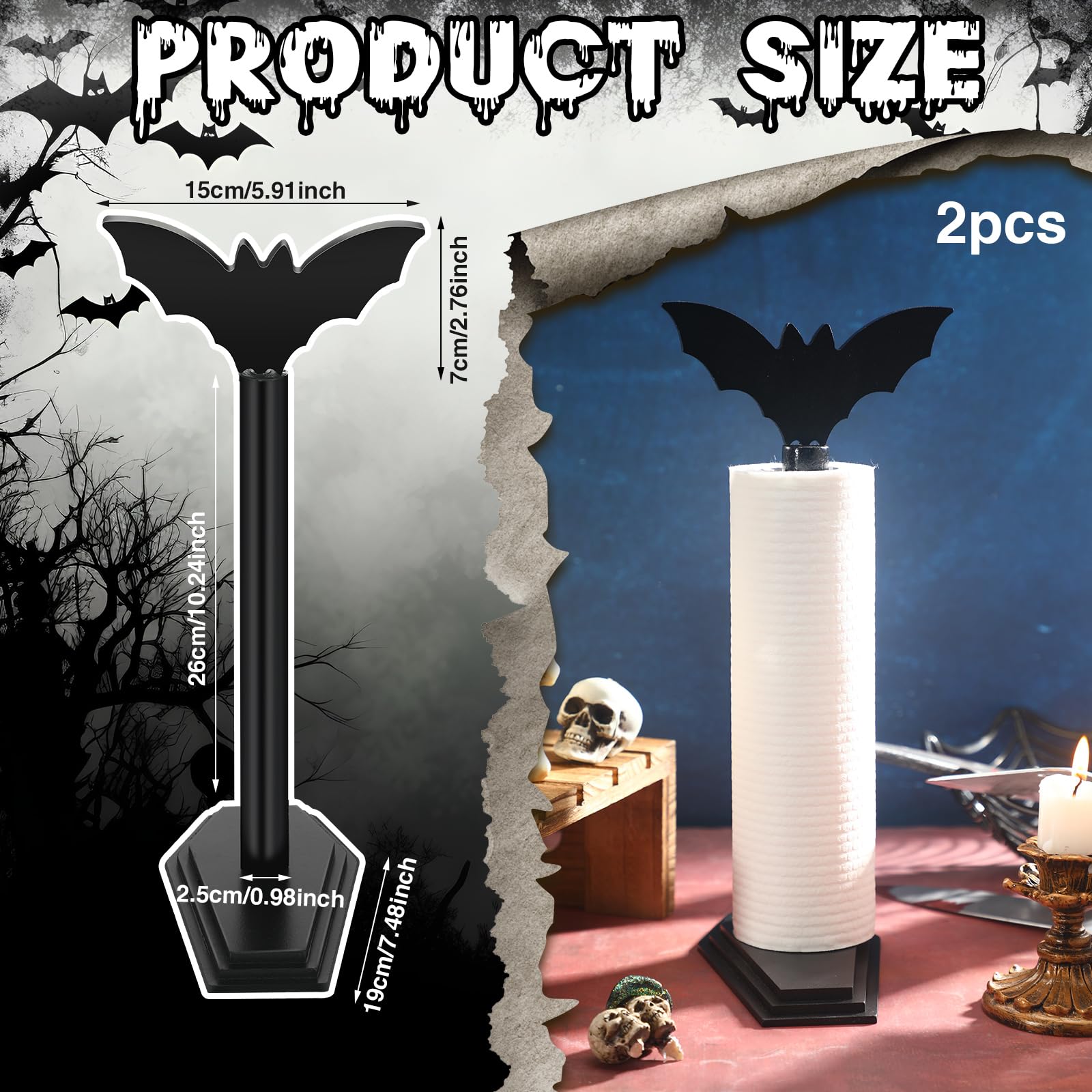 Yaomiao 2 Pcs Bat Paper Towel Holder Halloween Decor Gothic Paper Towel Dispenser Wooden Roll Stand Organizer For Kitchen Bathro