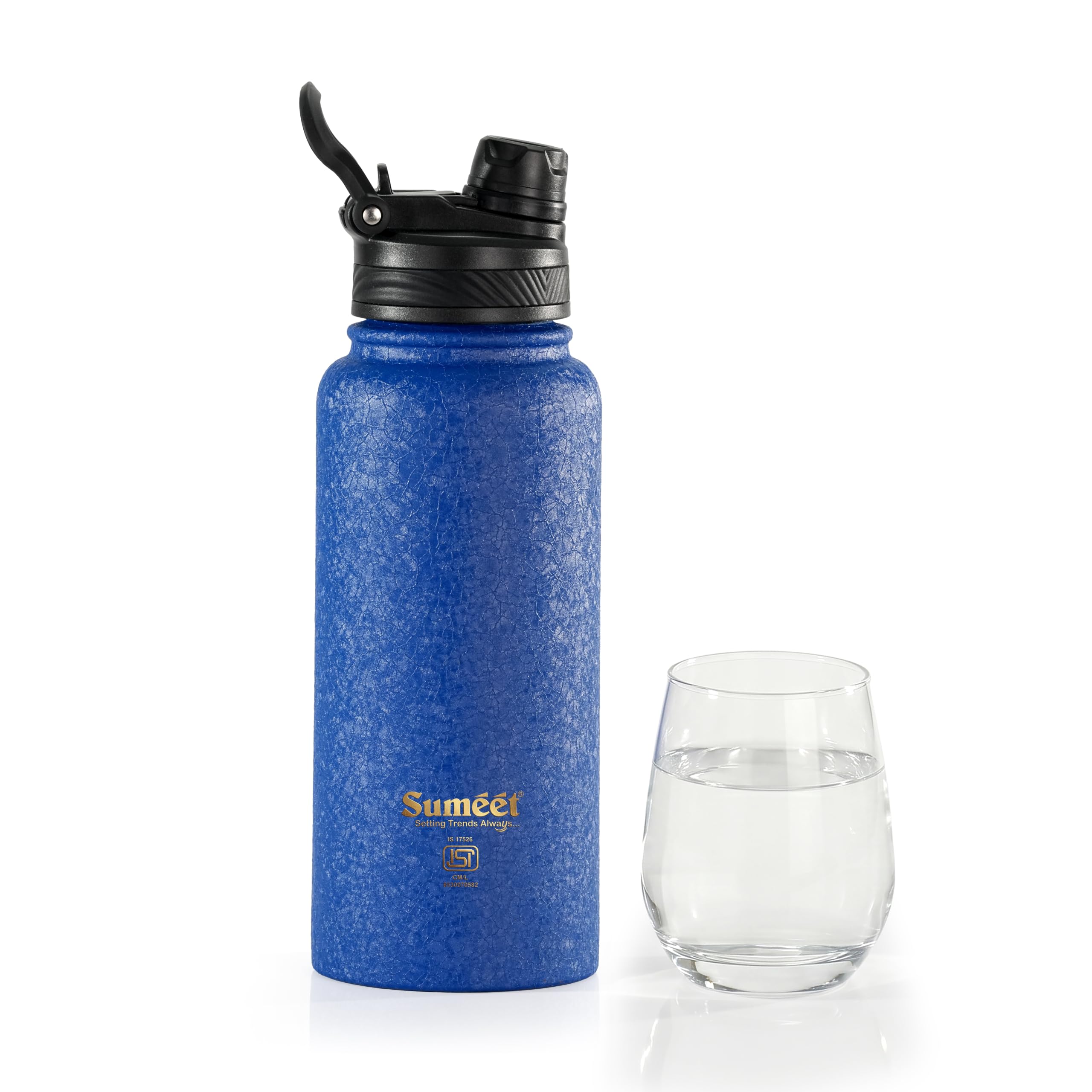 Sumeet ISI Certified 4 Way Drink Vaccume Insulated Stainless Steel Double Wall Leak Proof Hot and Cold Water Bottle - 1000ml - for Office School College Gym Picnic Home Trekking - Blue