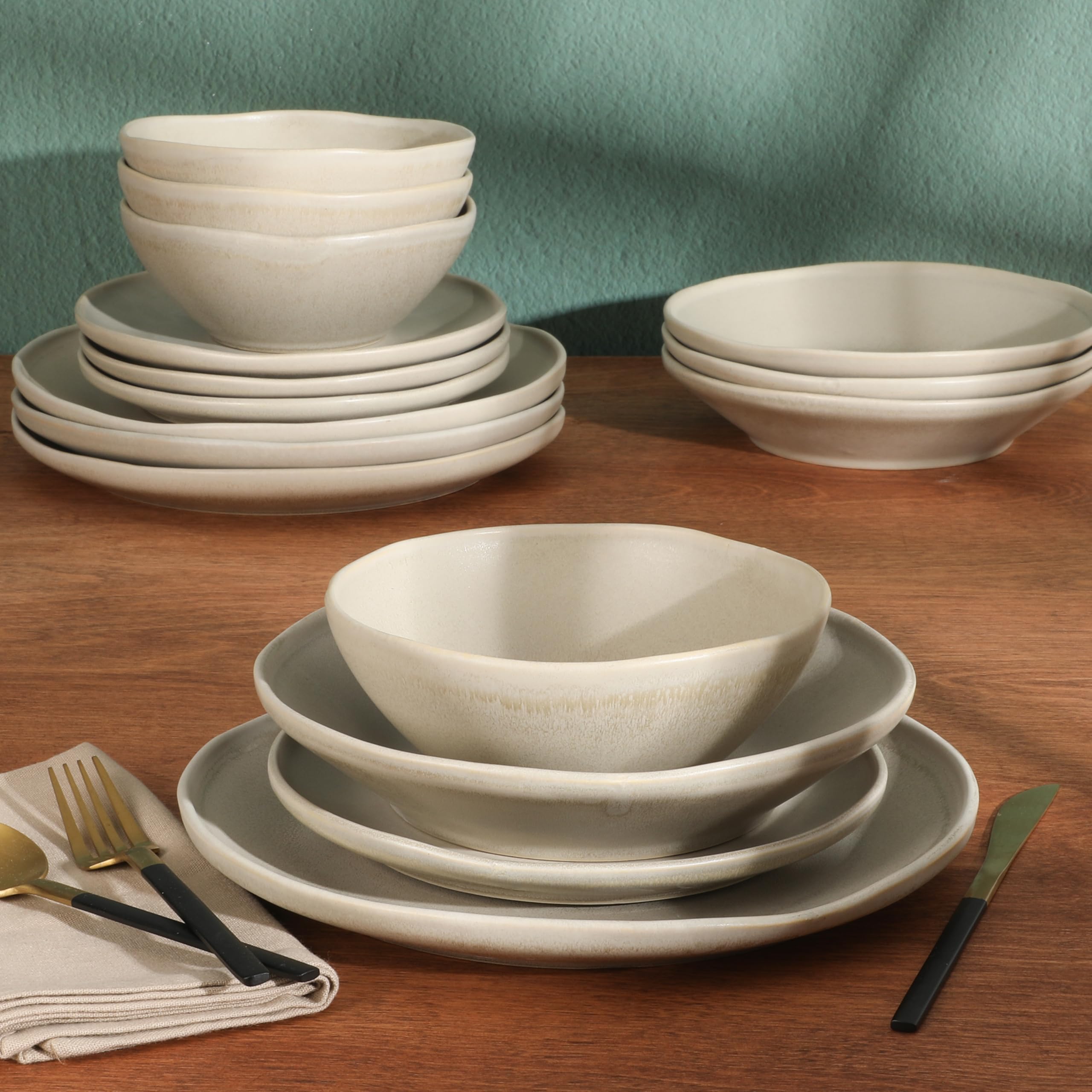 Gibson Elite Island Cove 16 Piece (Service for 4) Plates and Bowls Reactive Glaze Organic Round Dishes Stoneware Ceramic Dinnerw