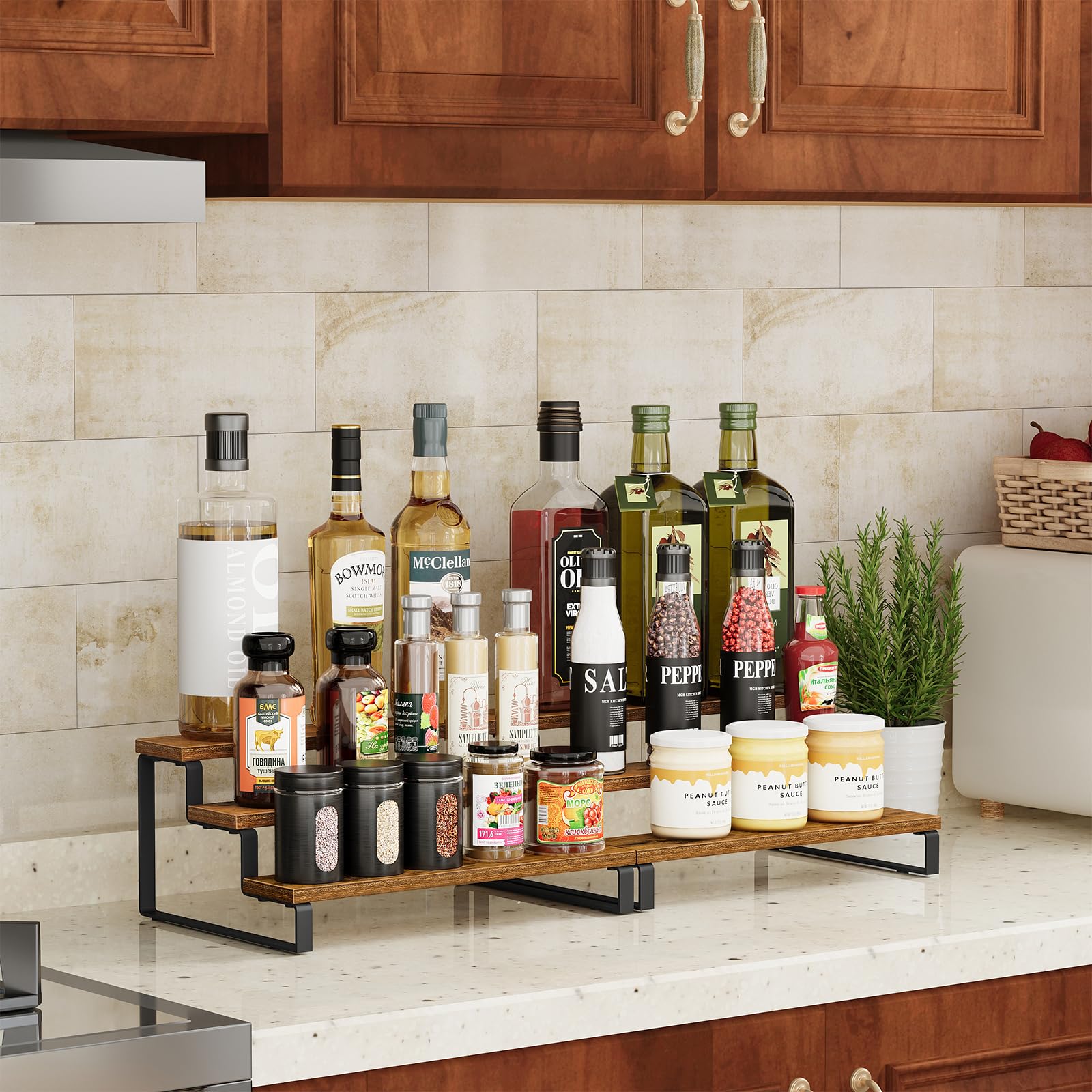 Giikin 3-Tier Spice Rack, 13.8 Inch Wood Countertop Spice Storage Holder, Kitchen Pantry Cabinet Organizer Cupboard for Spice Bo