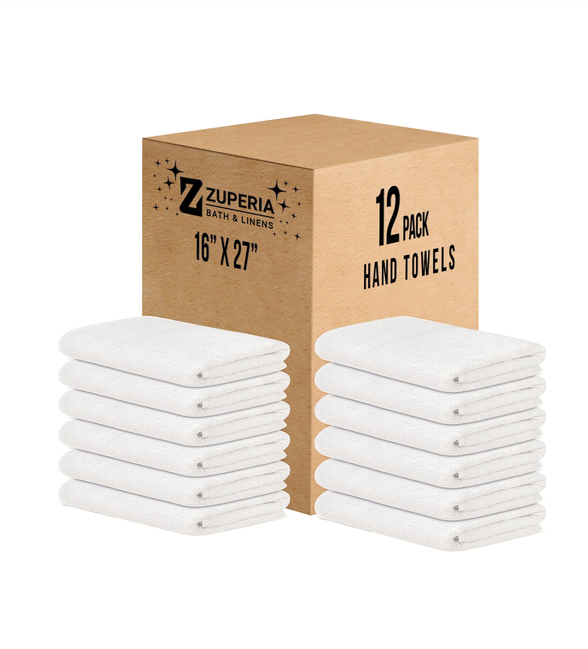 Zuperia White Hand Towel Bulk - 16''X27'' Inches, 100% Cotton Economy Light Weight Towels For Commercial Use - Quick Dry, Ultra-