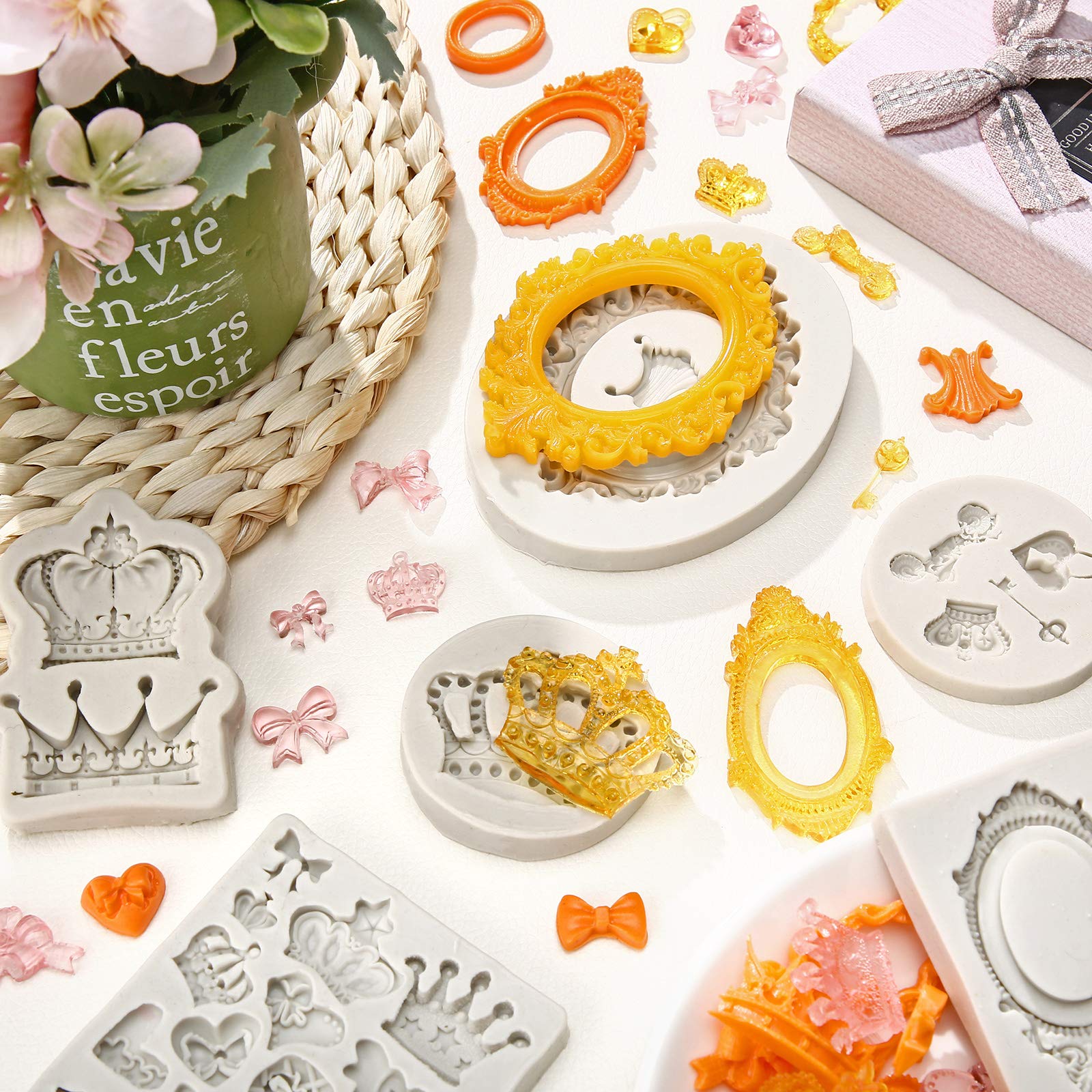 Patelai 6 Pieces Photo Frame Silicone Molds Crown Fondant Mold Vintage Frame Fondant Mold Crown Silicone Mold For Diy Cupcake To