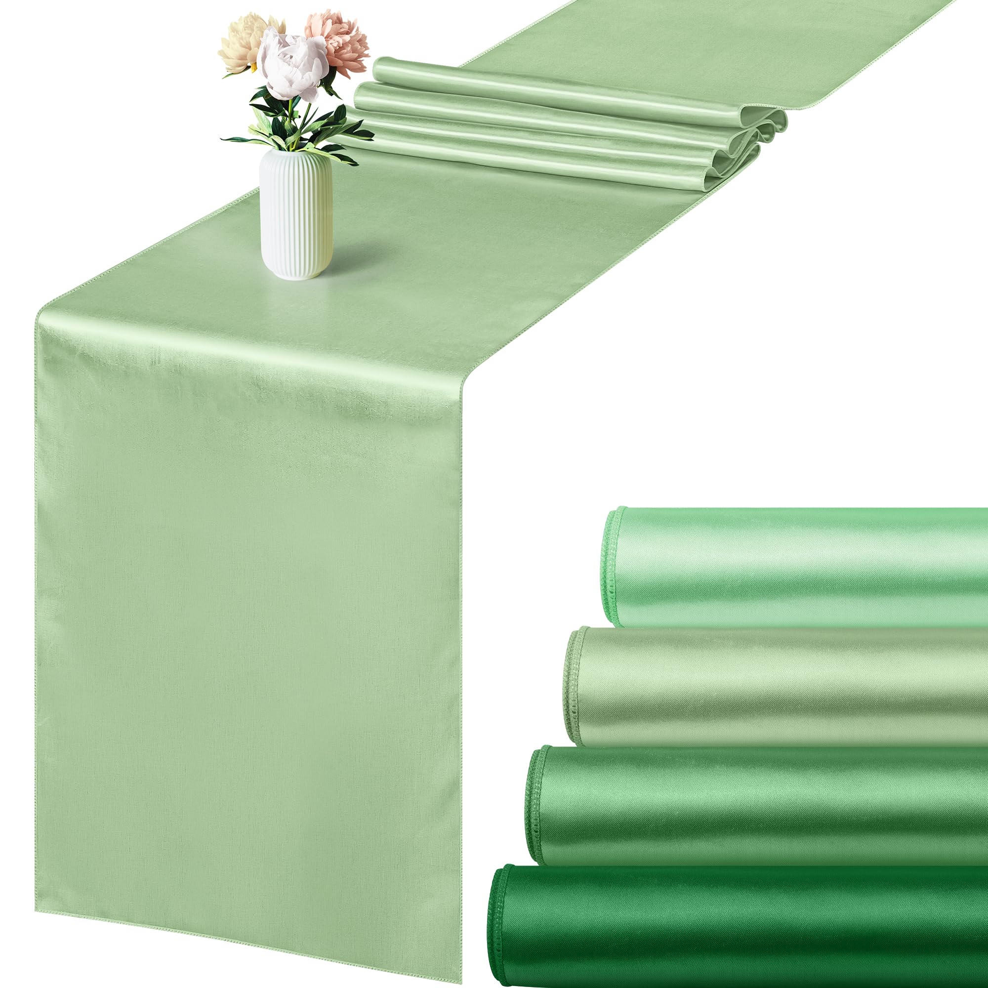 Aneco 4 Pack Satin Table Runner 12 x 108 Inch Gradient Sage Green Long Bright Silk and Smooth Fabric Party Table Runner for Wedd