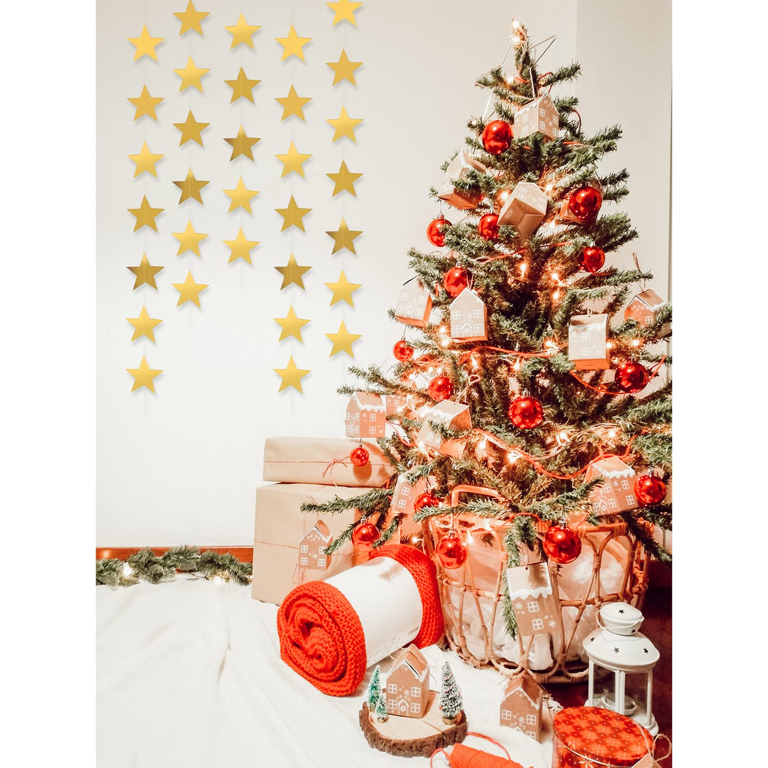 Yzurbu Gold Star Garland, 78 Feet Double Side Hanging Sparkly Paper Star Banner Decorations for Birthday Wedding Engagement Baby