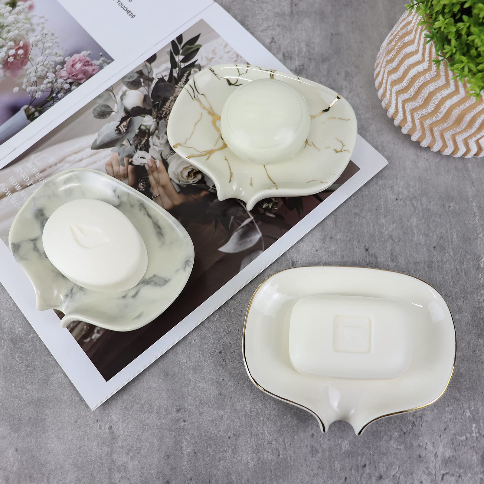 Polyroyal White Soap Dish Ceramic Self Draining Soap Dish Waterfall Slot Gold Edge Bathroom Accessories for Bathroom  Kitchen Bar Counter