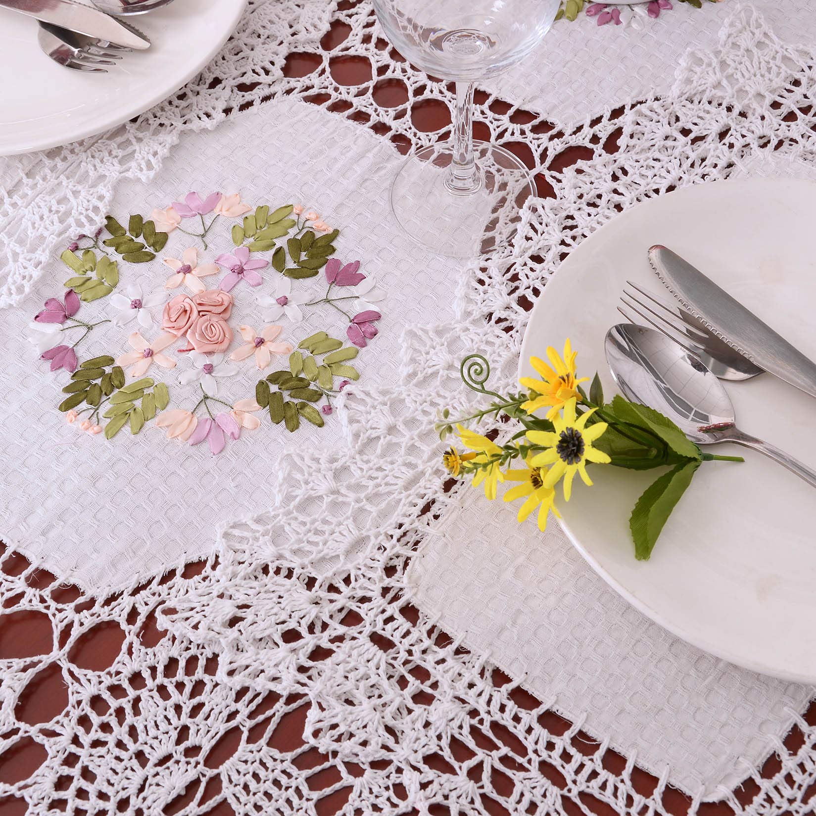 Grelucgo Handmade Crochet Cotton Lace Table Runner Dresser Scarf, Ribbon Embroidery (17 X 72 Inches)