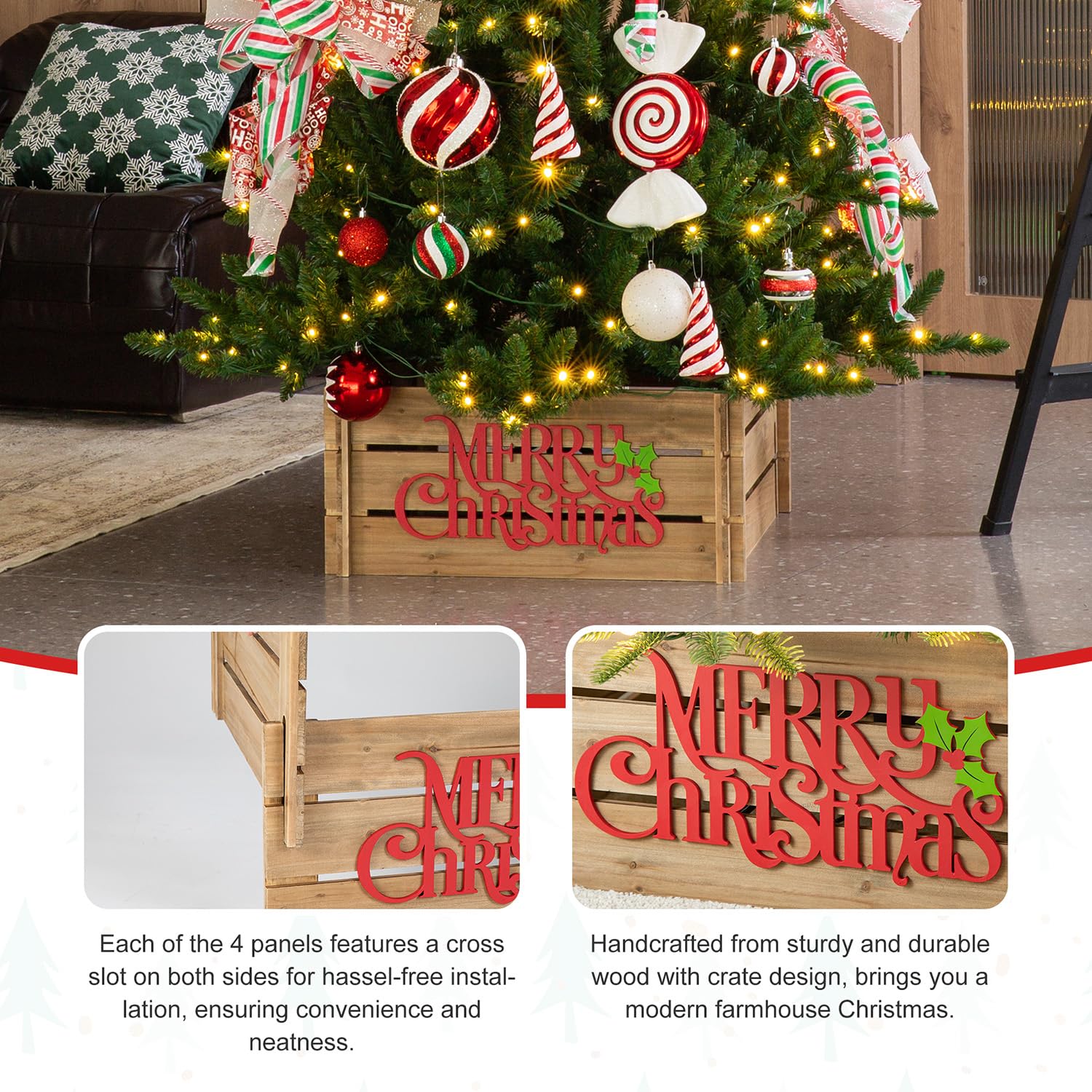 Glitzhome Christmas Tree Collar, 27 L Natural Wooden Merry Christmas Solid Wood Crate Tree Base Cover Farmhouse Tree Skirt Colla