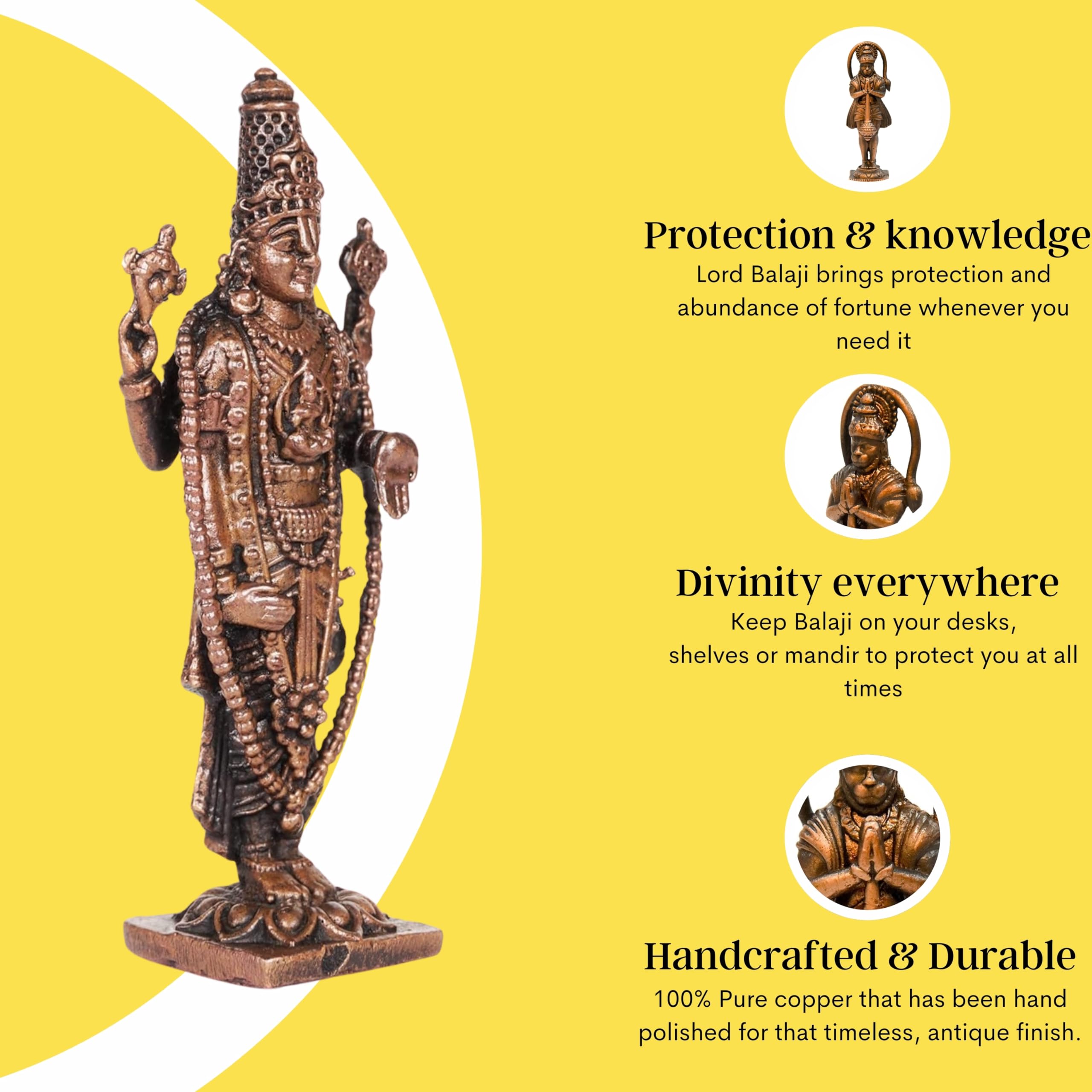 Copper Idols India - By Bhimonee Decor , 2.25 inches, Handmade Copper Balaji Idol Spl, 30 Grams, Patina Antique Finish, Pack of