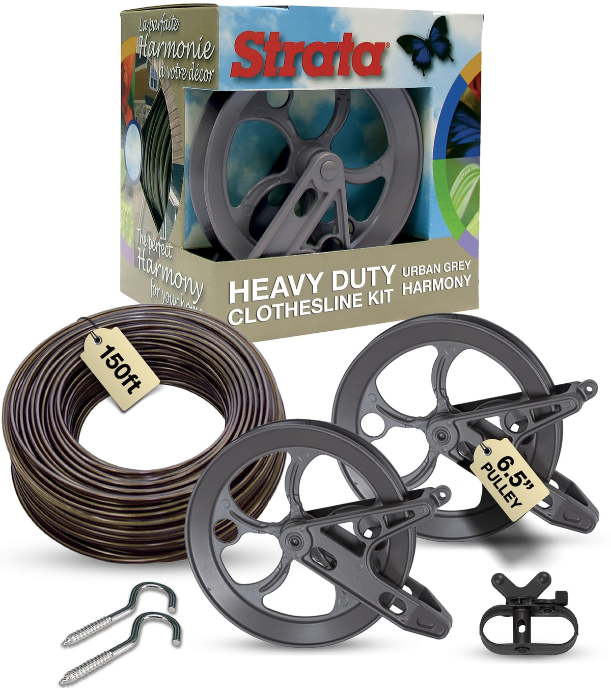 Strata Urban Grey Harmony Clothesline Outdoor Heavy Duty Kit - 150 Feet Galvanized Wire Pvc Coating, 6.5'' Clothesline Pulley 2P