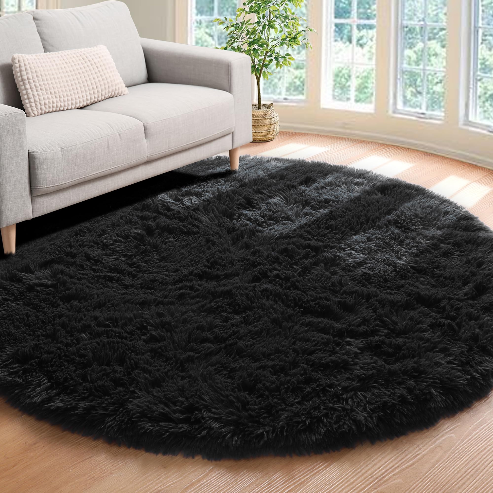 ONASAR Black Round Area Rug 4x4, Soft Bedroom Circle Rugs Floor Mats for Kids Girls Boys Teen Room, Fluffy Plush Shaggy Carpet f