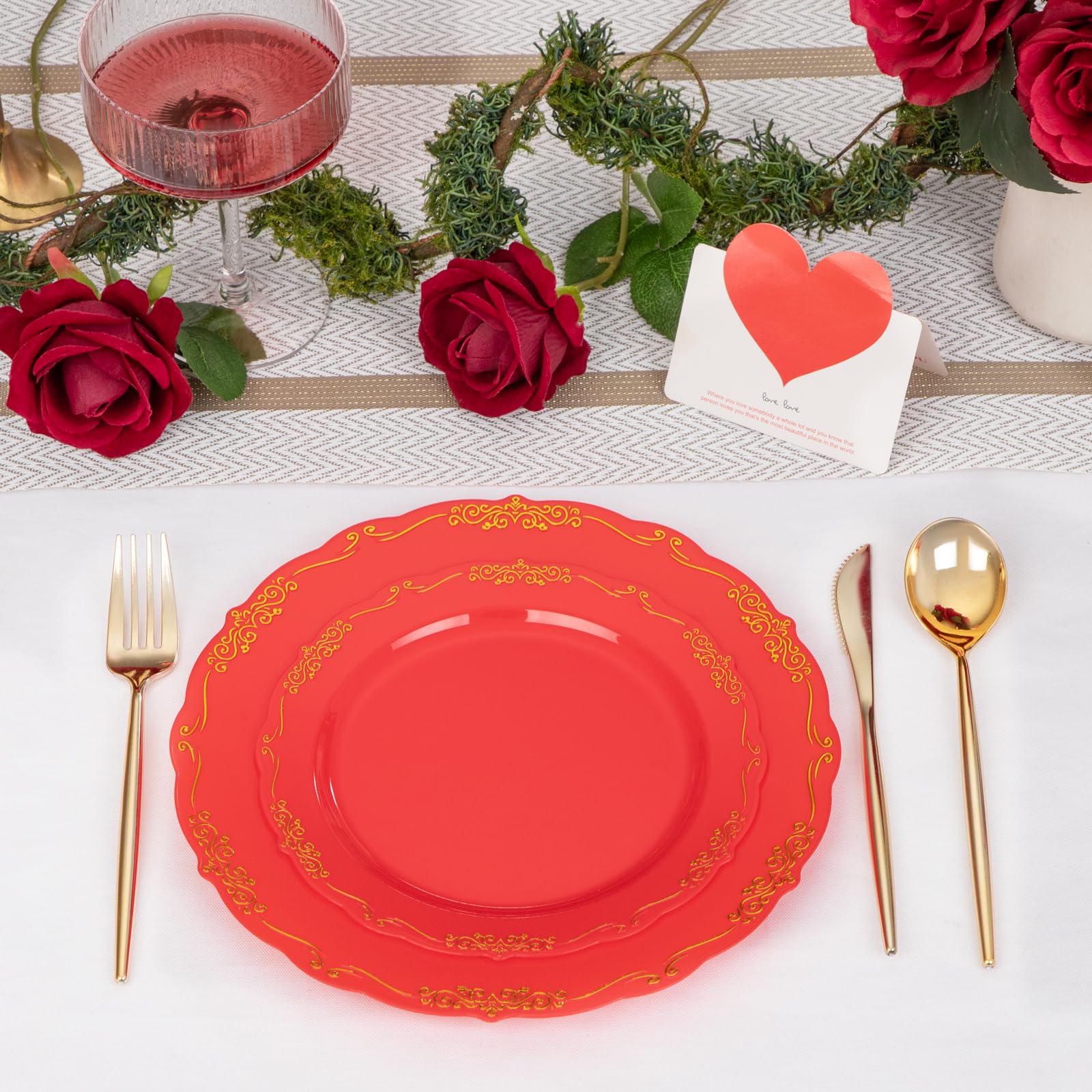 U-Qe 100Pcs Red Plastic Plates - Heavy Duty Red Valentines Plates Disposable With Gold Rim - Include 50Pcs 9Inch Red Dinner Plat