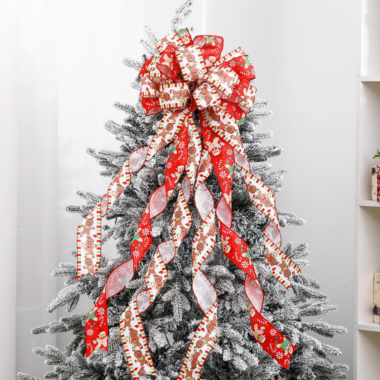 Realspring Gingerbread Christmas Tree Topper Bow 45x12 Large Gingerbread Christmas Decorations Ribbon Bow Gift for Xmas Wreath O