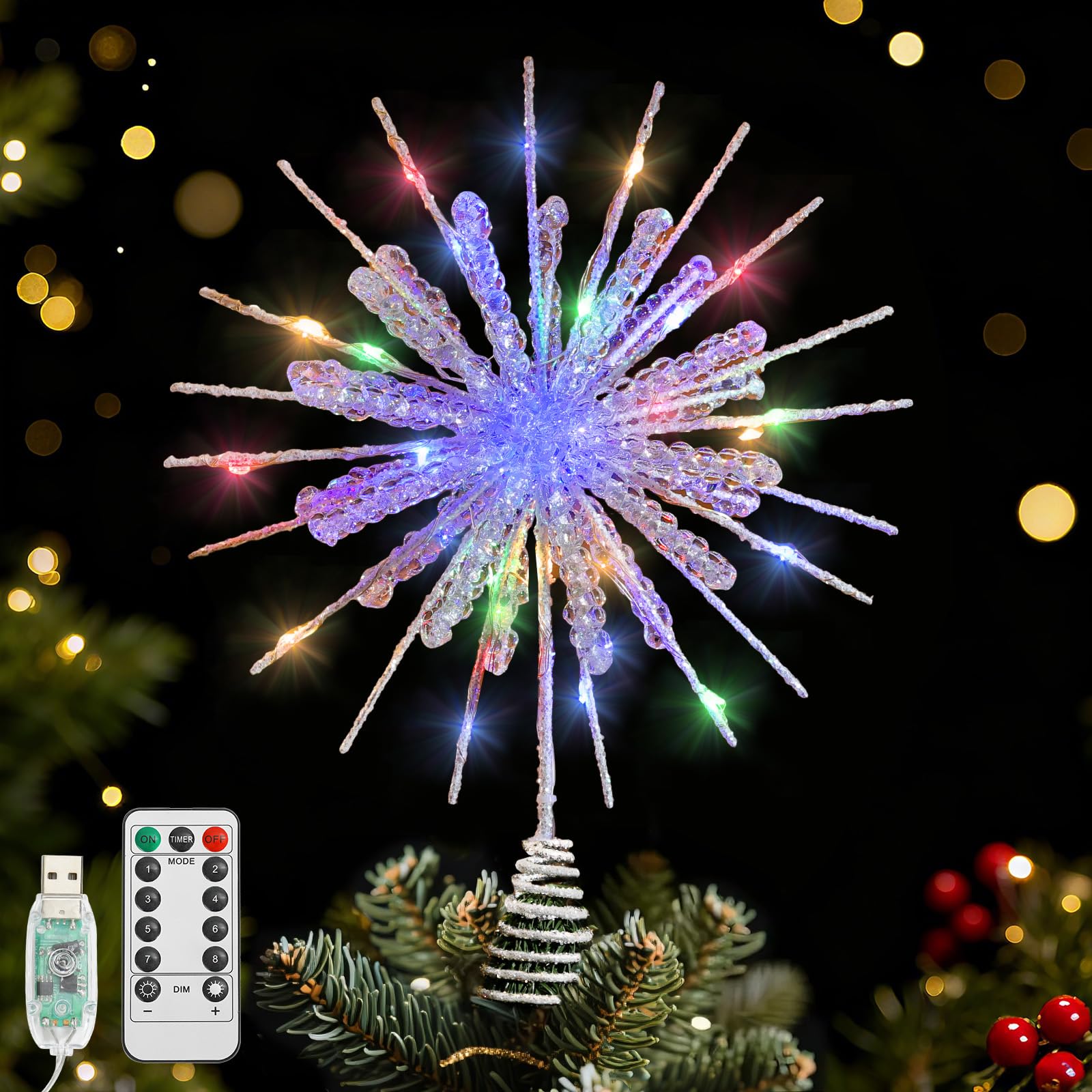 Lewondr Christmas Snowflake Tree Topper, 12.2in Xmas Tree Topper with Glittered Epoxy & 30 Colorful LED, Remote&USB Powered Snow