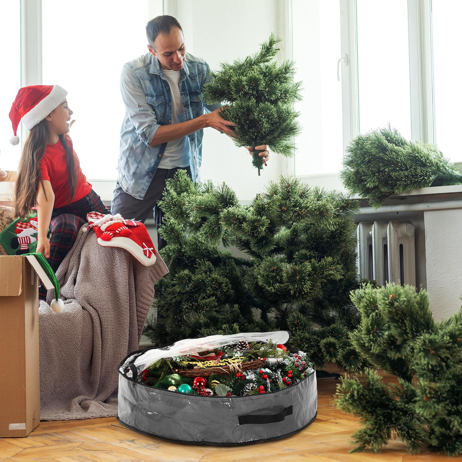 Aliceset 4 Pack Wreath Storage Containers, Christmas Garland Storage Bags With Window And Handles, Durable Christmas Decoration