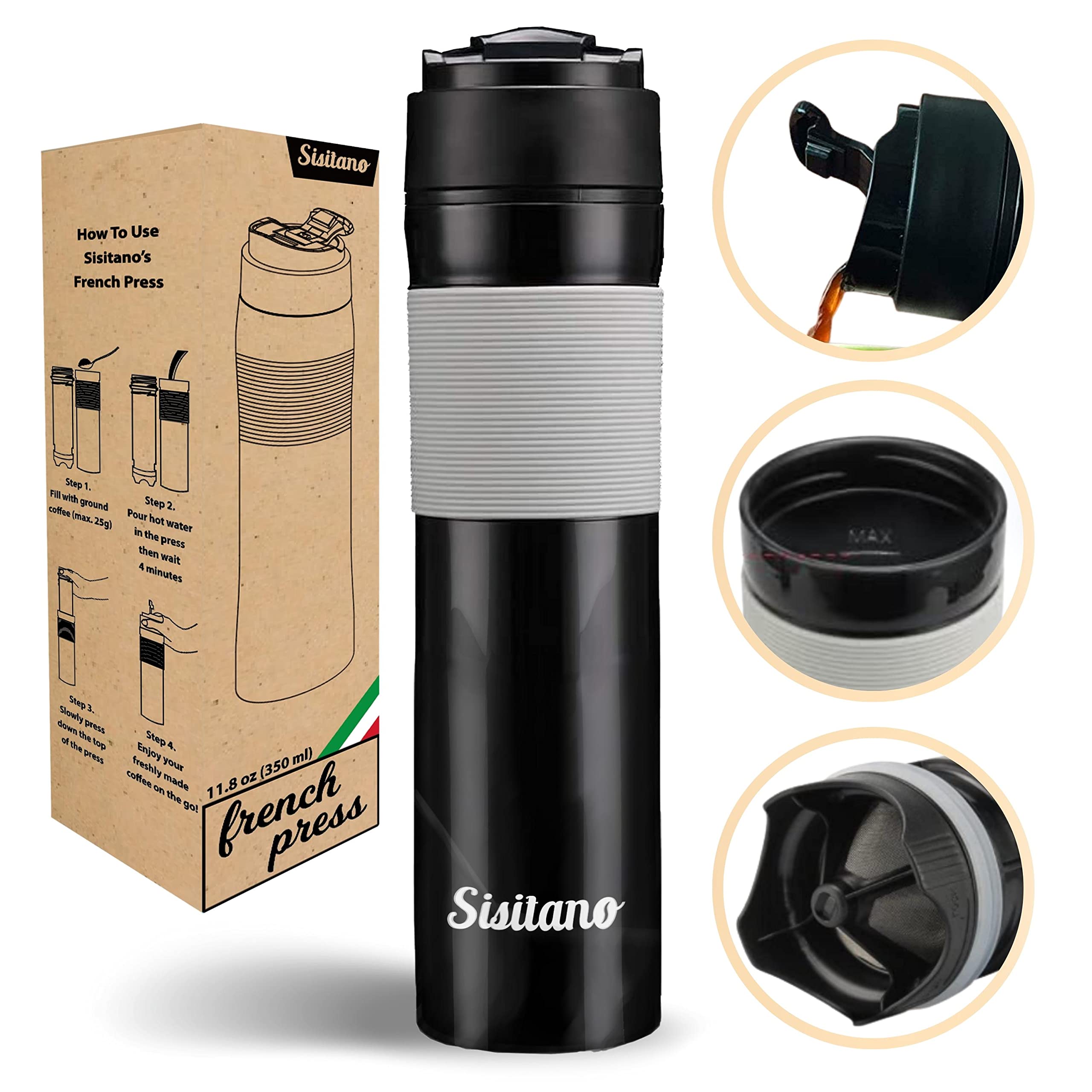 Sisitano 2In1 Travel French Press Coffee Maker, Portable 11.8 Oz Tumbler Coffee French Press For Ground Coffee & Tea Leaves; Ice