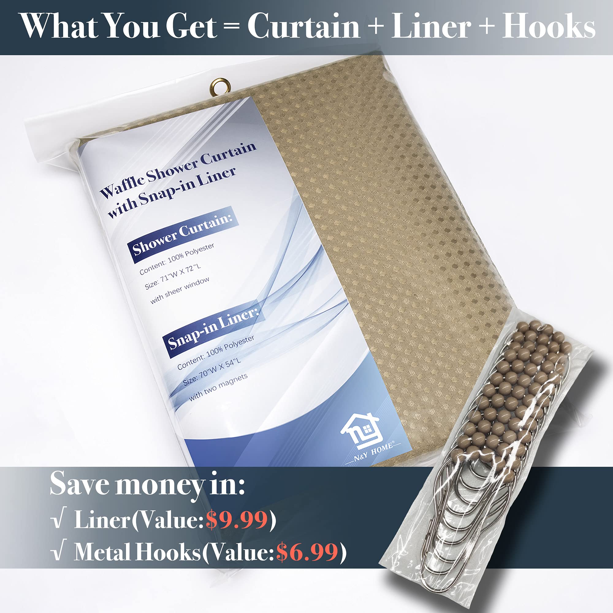 N&Y HOME Waffle Weave Shower Curtain with Snap-in Fabric Liner Set  12 Hooks Included - Hotel Style  Water-Repellent & Washable  Mesh Top Window - 71x72  Linen