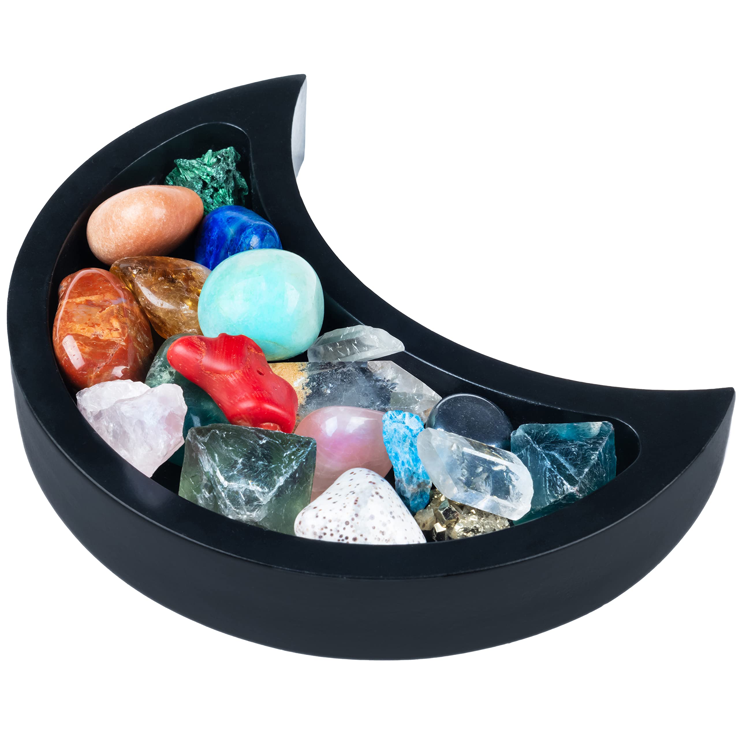Curawood Crescent Moon Tray for Crystals - Showcase Your Crystals & Healing Stones - 6 Black Wooden Crystal Holder for Stones Di