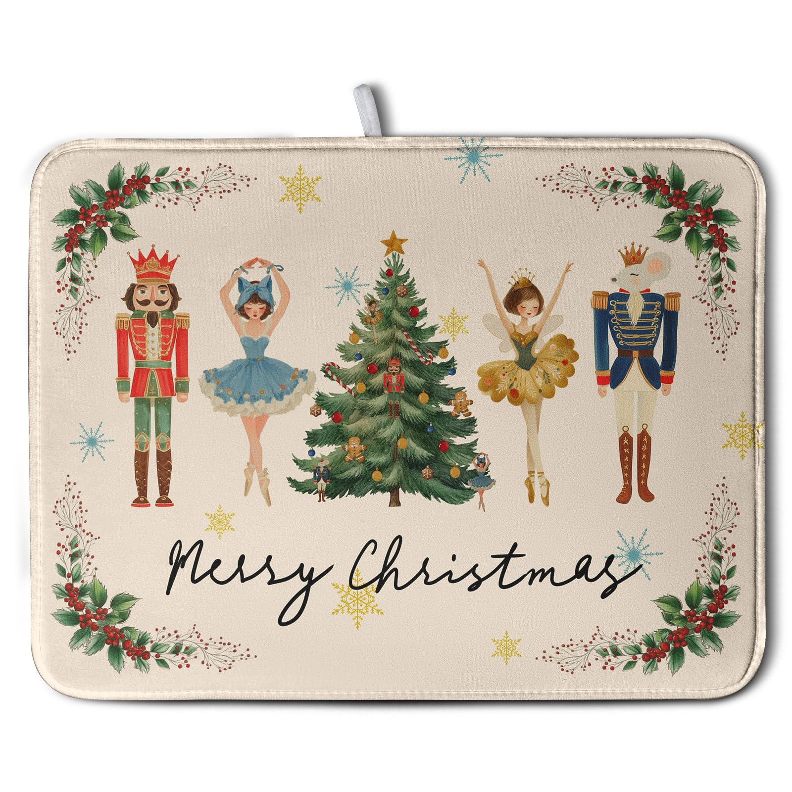 Merry Christmas Nutcracker Dish Drying Mat for Kitchen Counter 18x24 Inch Winter Xmas Tree Snowflakes Drying Mats Microfiber Abs