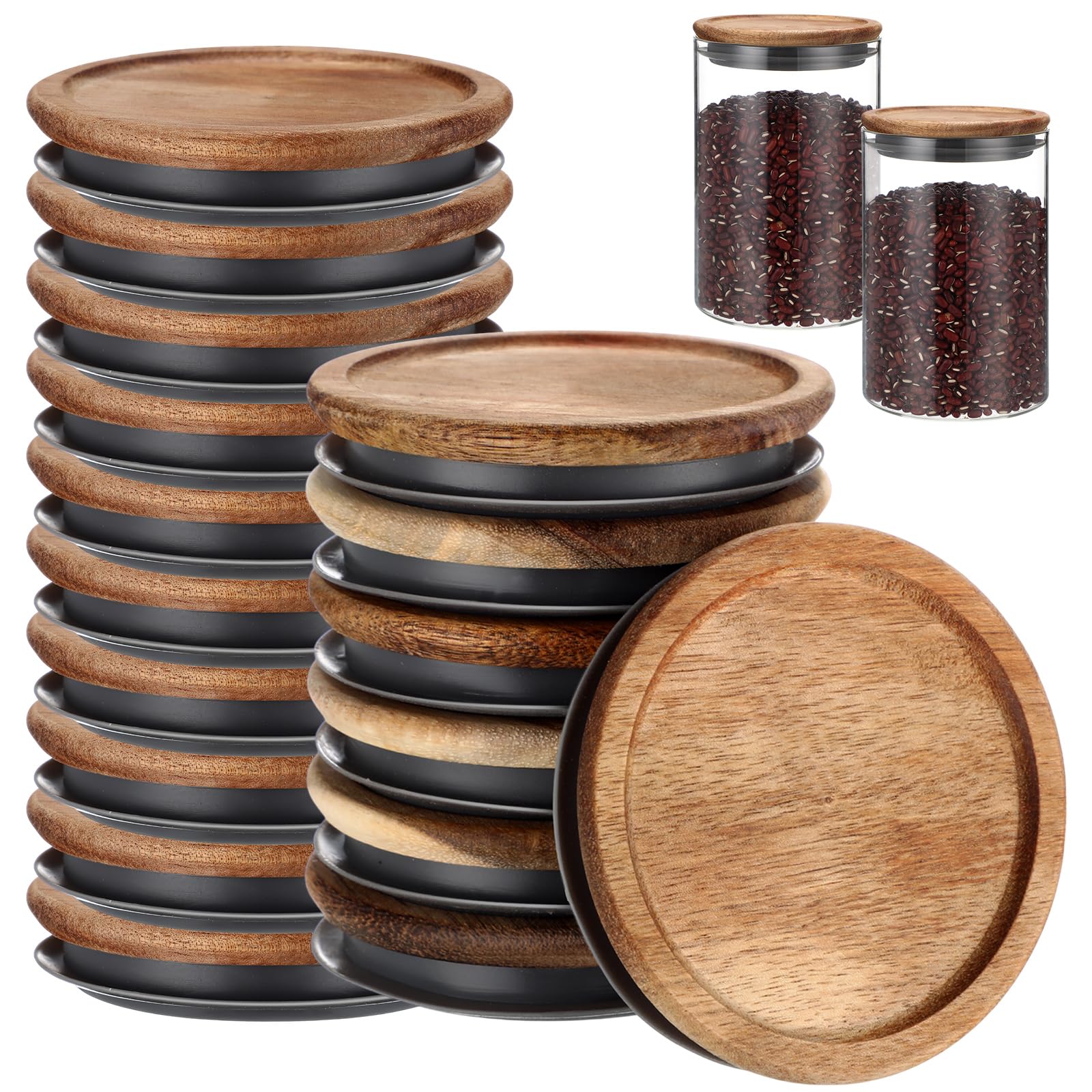 Roshtia 20 Pack 85mm Wide Mouth Mason Jar Lids with Airtight Silicone Seal 3.25 Inch Reusable Wood Caps Leakproof Glass Canning 