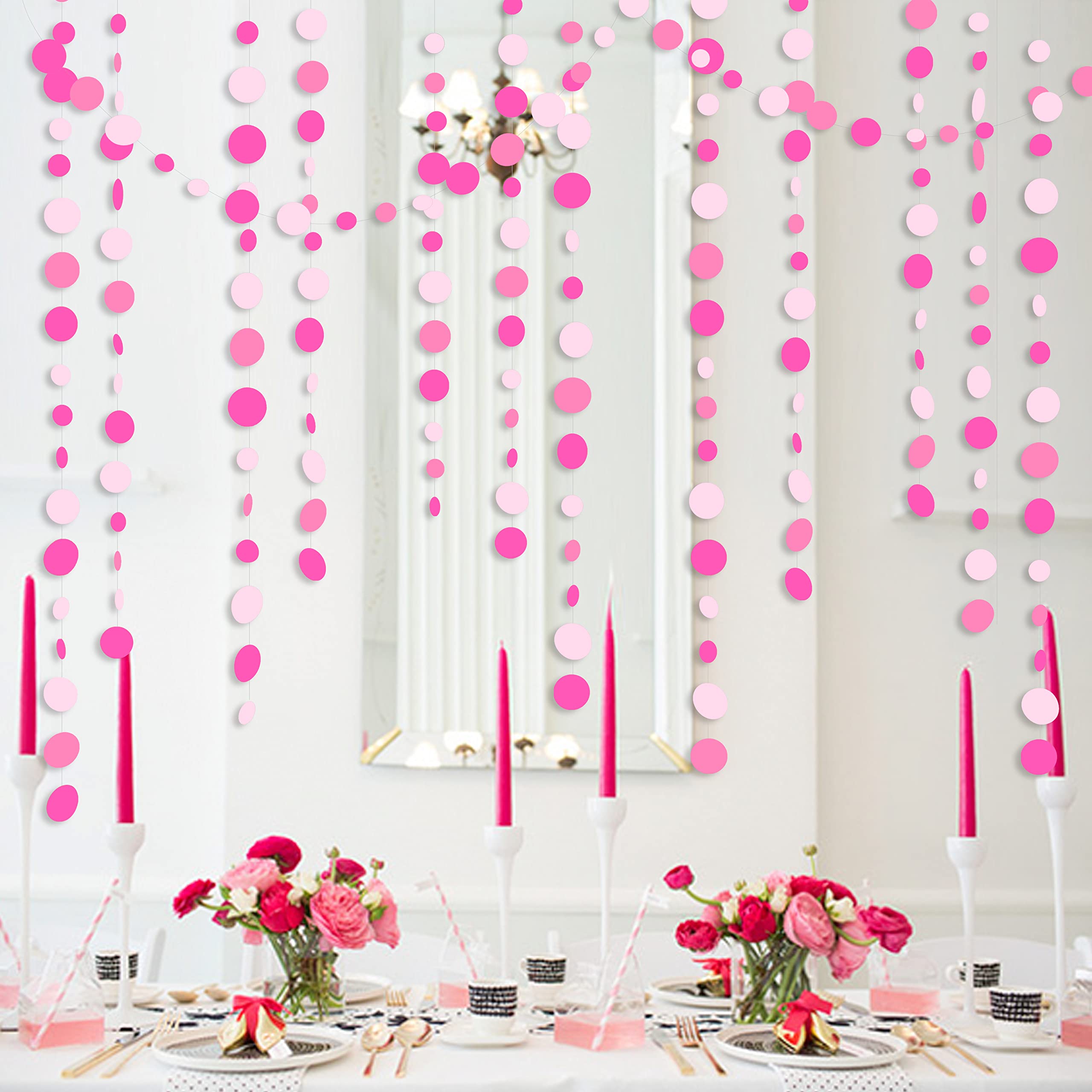 Hot Pink Party Decorations Circle Dots Garland Rose Pink White Hanging Paper Polka Dots Streamer For Birthday Bachelorette Engag
