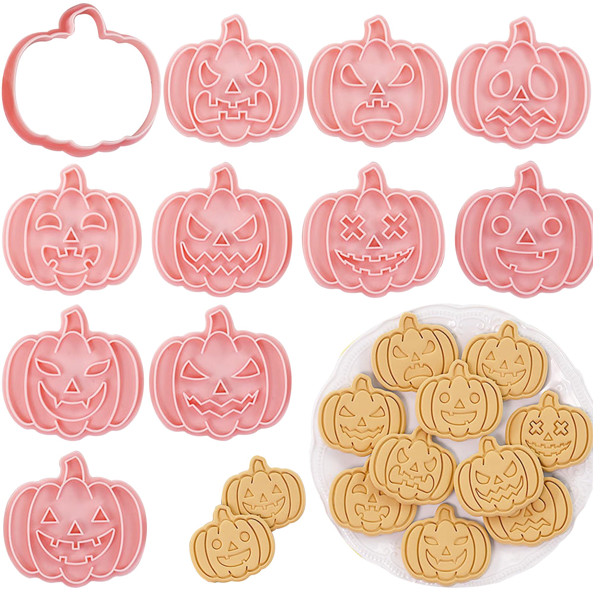 10Pcs 3D Halloween Cookie Cutter Set, Food-Grade Plastic Halloween Cookie Stamps, Pumpkin & Ghost Expressions Cookie Molds, Cook