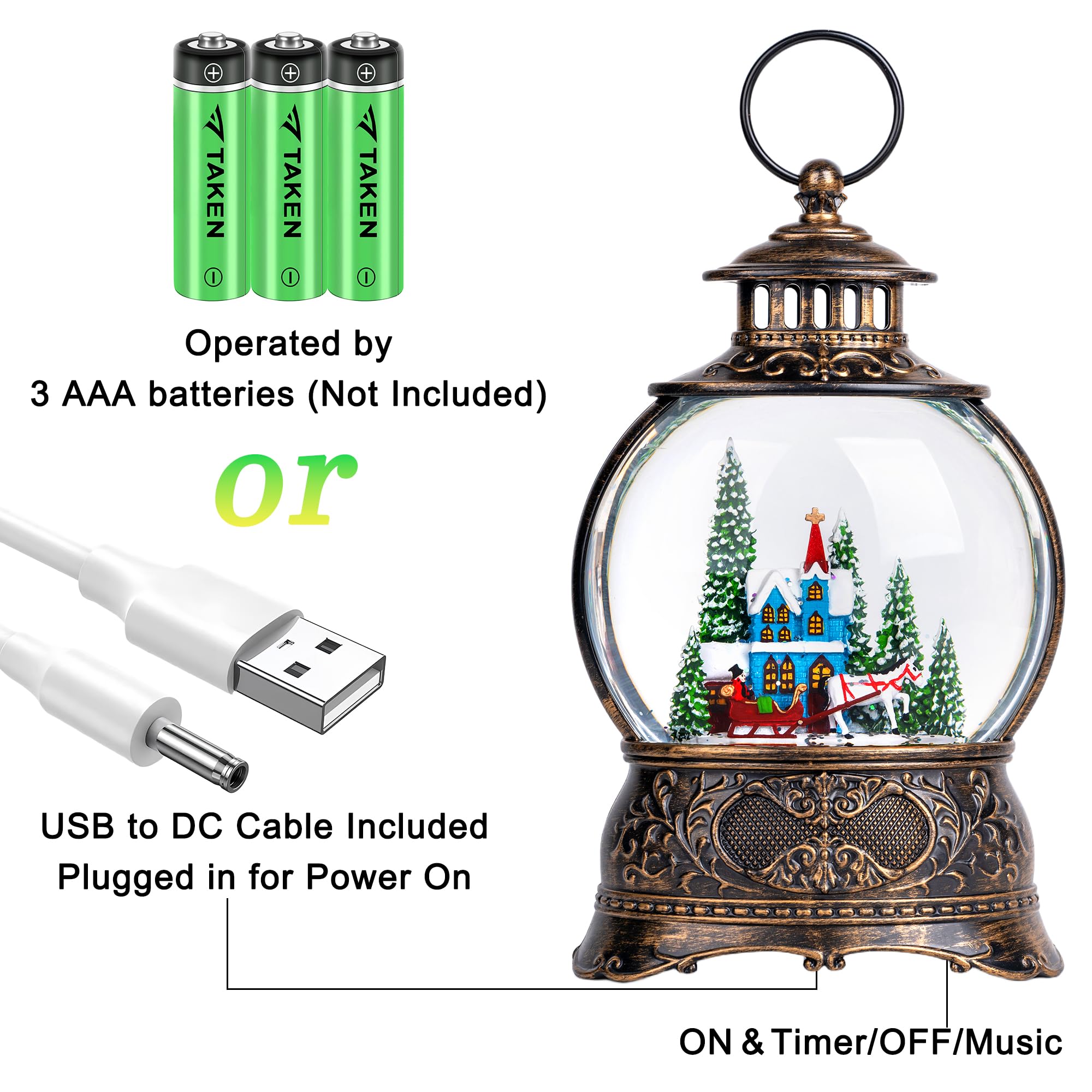 Christmas Village Snow Globe Water Lantern with Horse and Town Scene Battery Operated or USB Powered Musical Lighted Holiday Dec