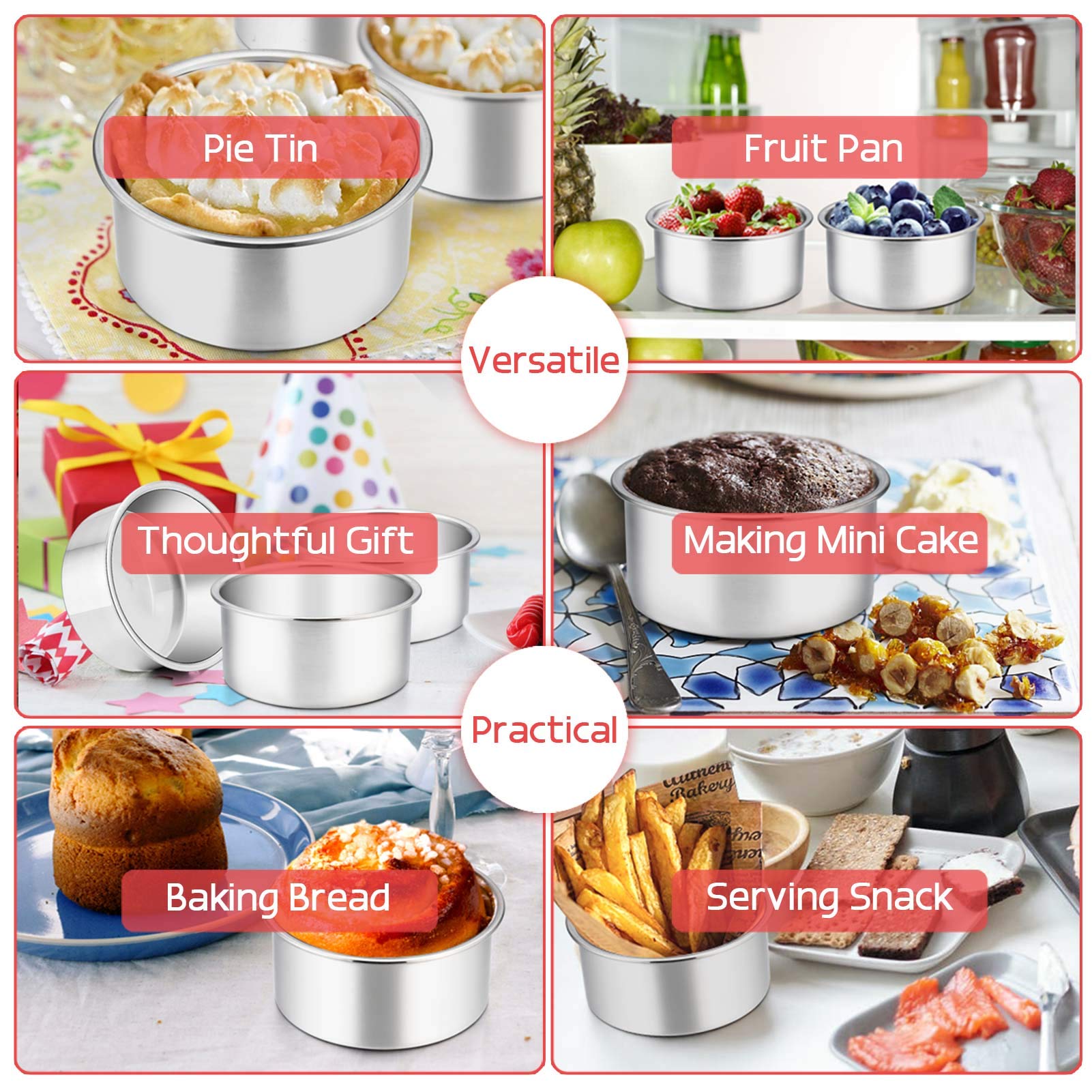 Teamfar 4 Inch Cake Pan, Mini Cake Pan Small Round Baking Tins Set Stainless Steel, For Baking Steaming Serving, Healthy & Sturd
