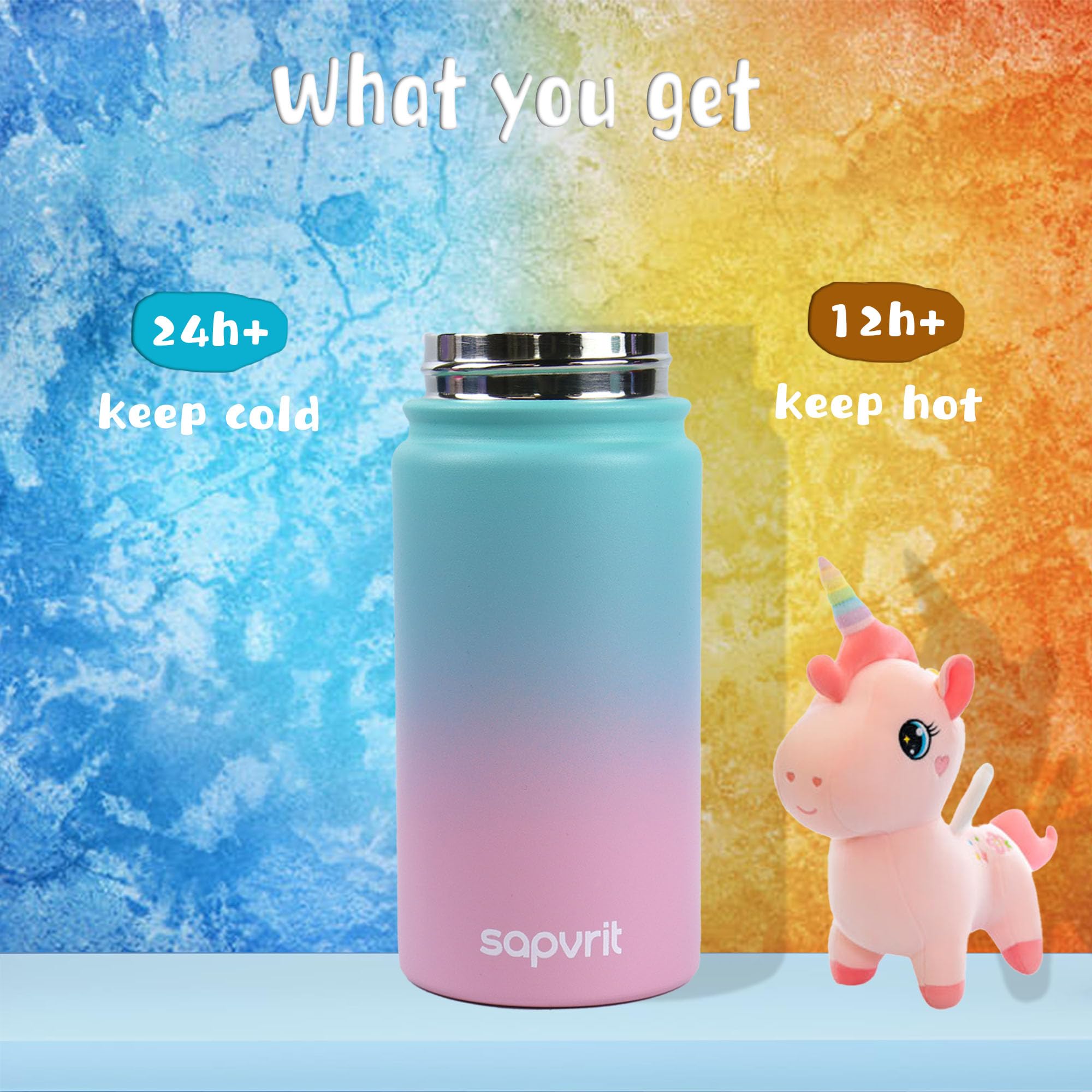 Water Bottle, 12oz Water Bottles with Straw and Stickers, Stainless Steel Vacuum Double Wall Insulated cup,Water Bottle for Scho